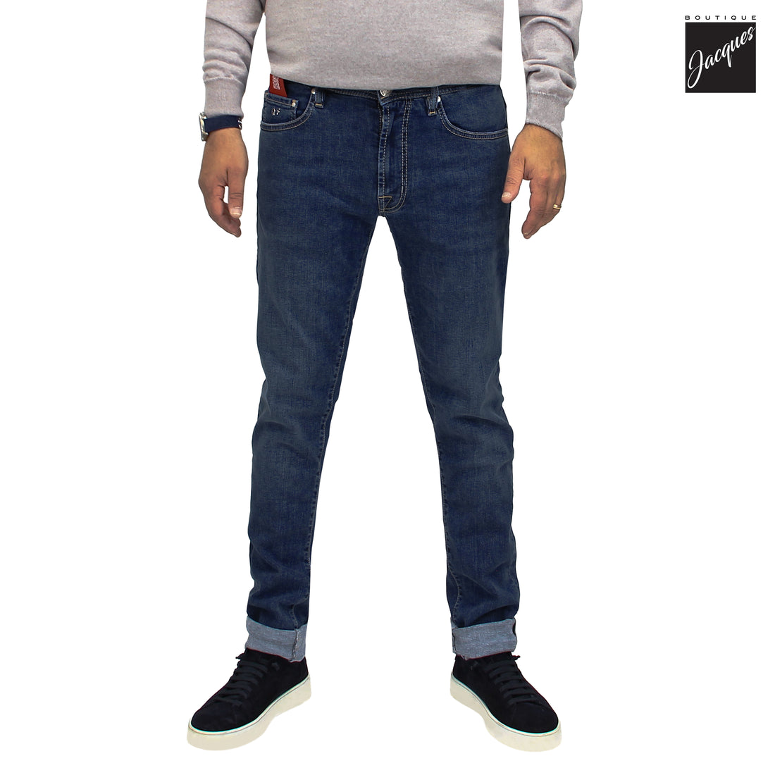 Blue Sports Car Motif Leonardo Slim Fit Cotton-Stretch Denim - TRAMAROSSA