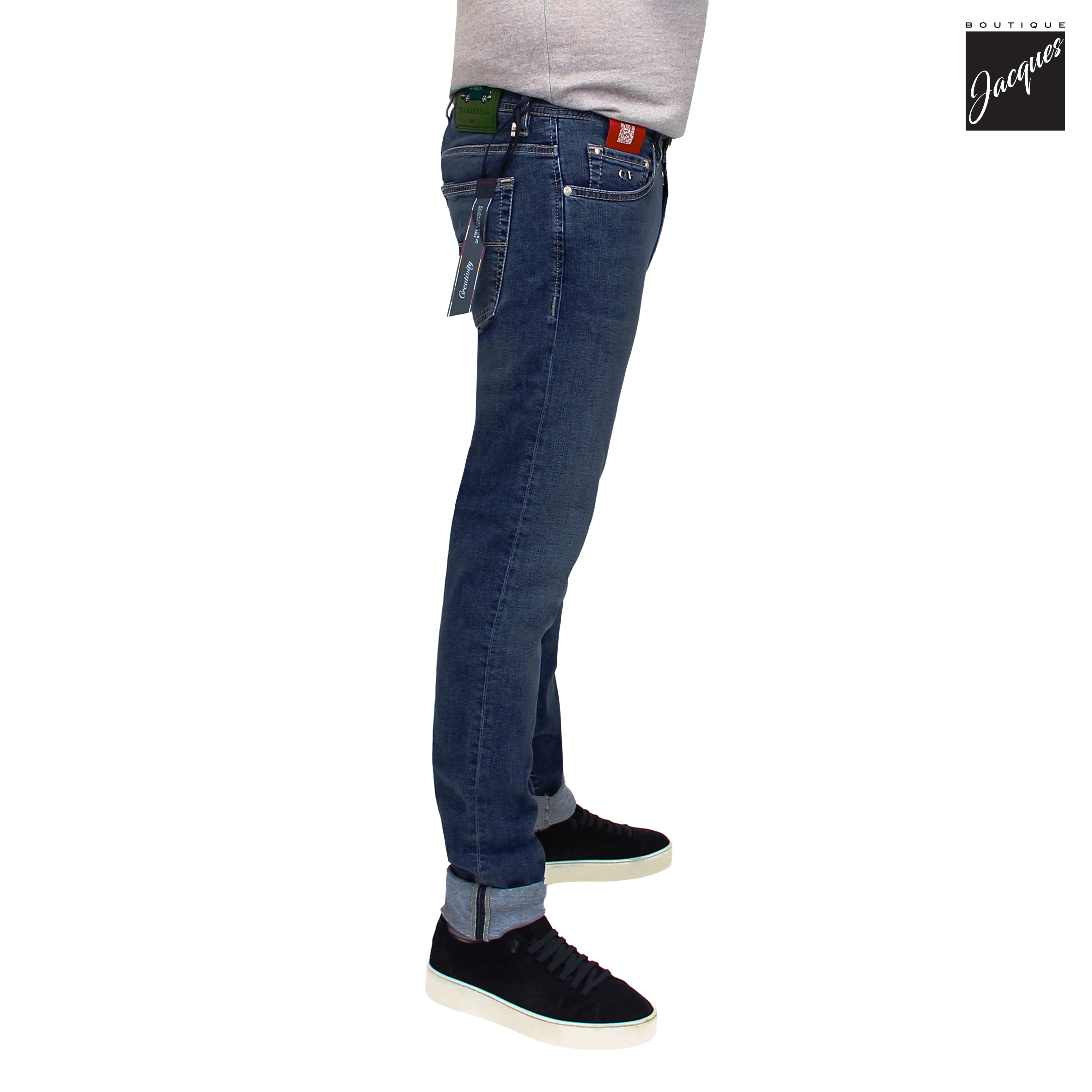 Blue Sports Car Motif Leonardo Slim Fit Cotton-Stretch Denim - TRAMAROSSA