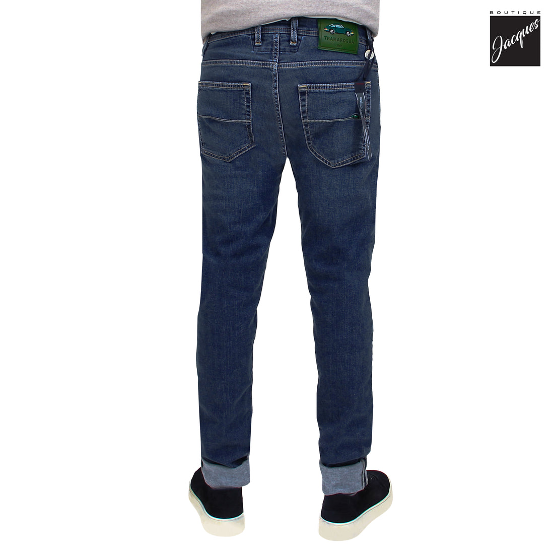 Blue Sports Car Motif Leonardo Slim Fit Cotton-Stretch Denim - TRAMAROSSA