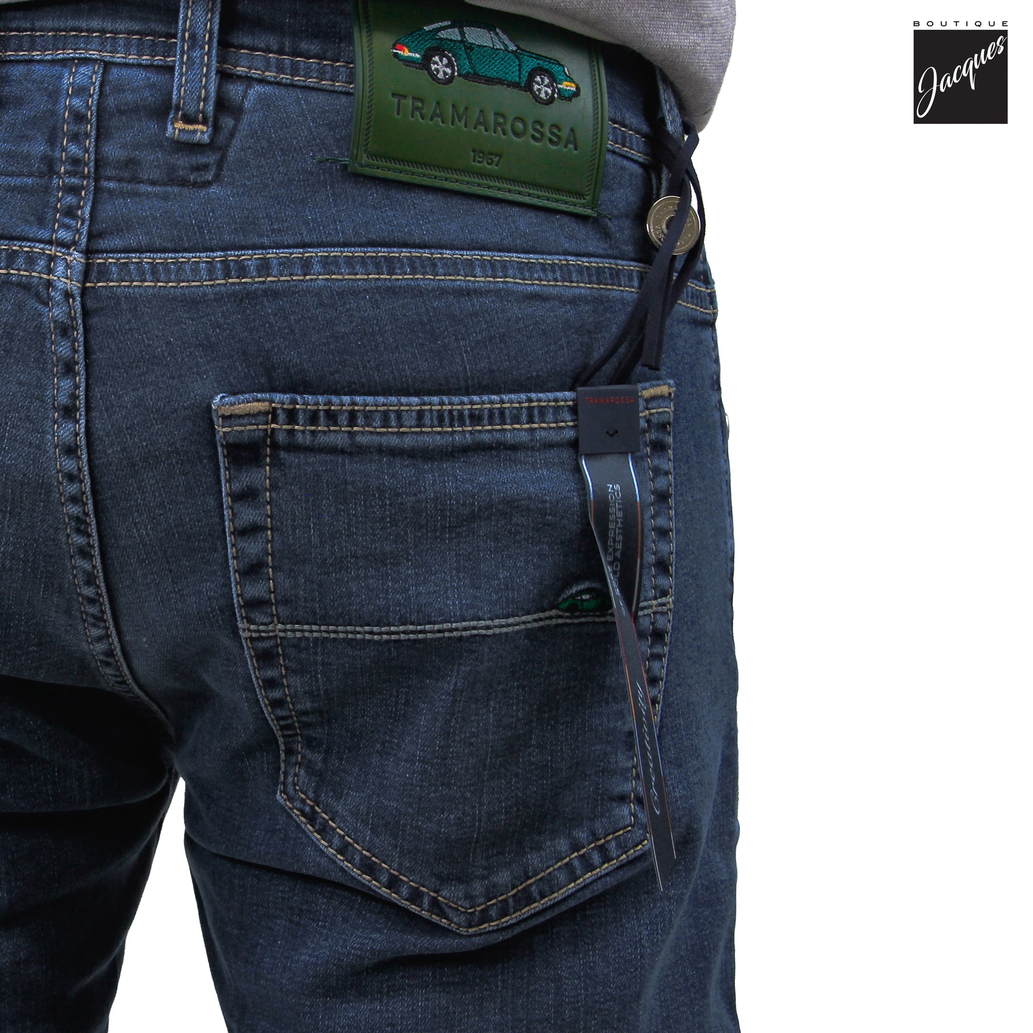 Blue Sports Car Motif Leonardo Slim Fit Cotton-Stretch Denim - TRAMAROSSA