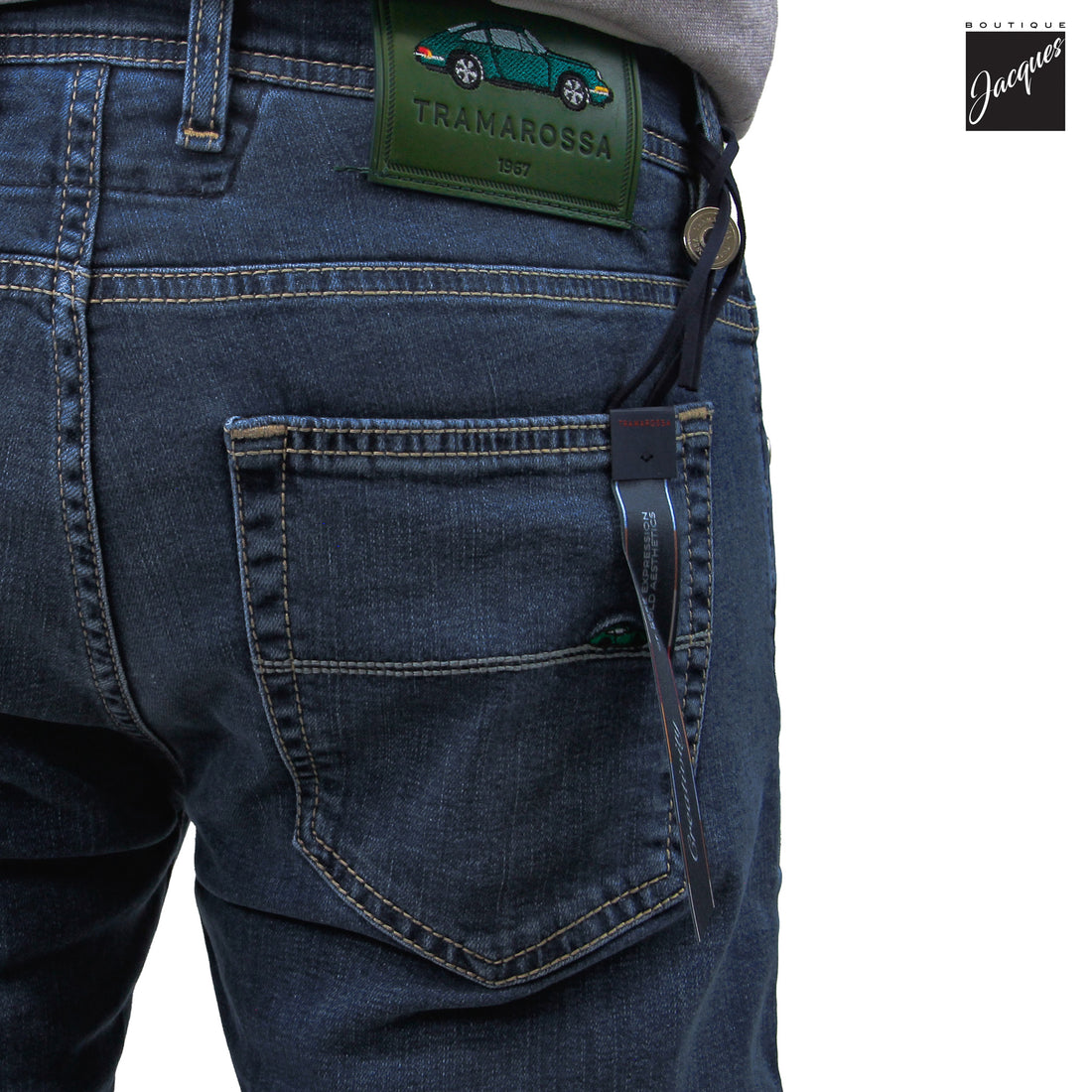 Blue Sports Car Motif Leonardo Slim Fit Cotton-Stretch Denim - TRAMAROSSA