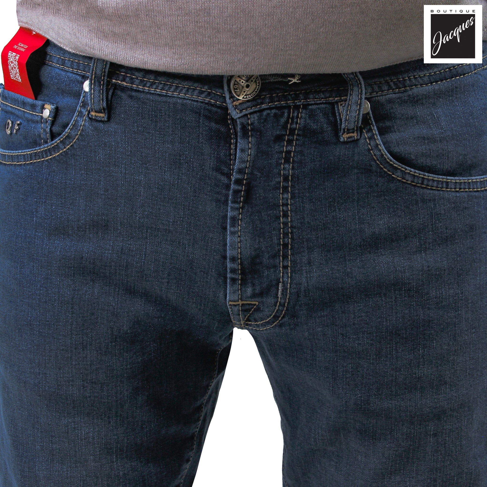 Blue Sports Car Motif Leonardo Slim Fit Cotton-Stretch Denim - TRAMAROSSA