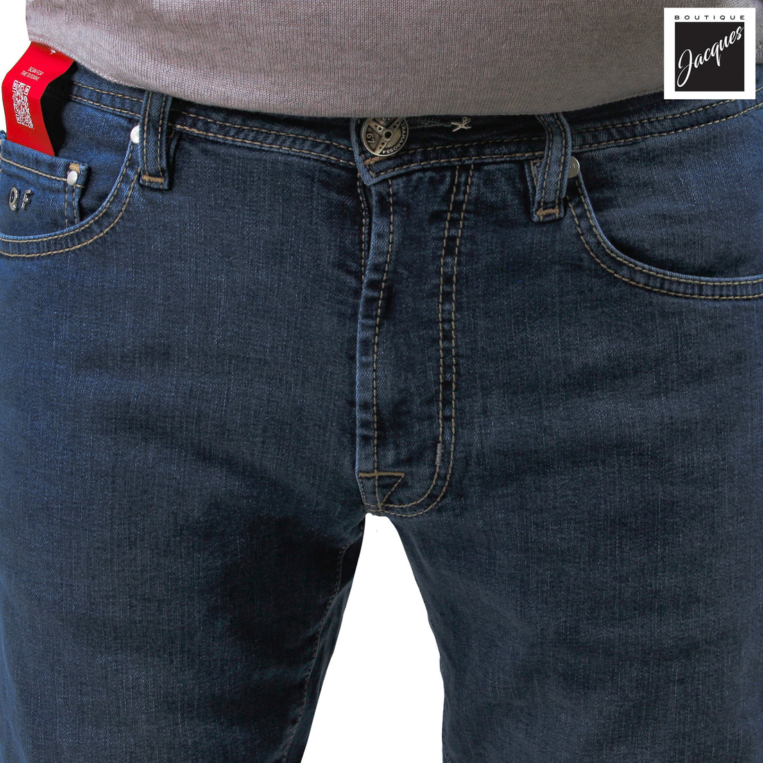 Blue Sports Car Motif Leonardo Slim Fit Cotton-Stretch Denim - TRAMAROSSA