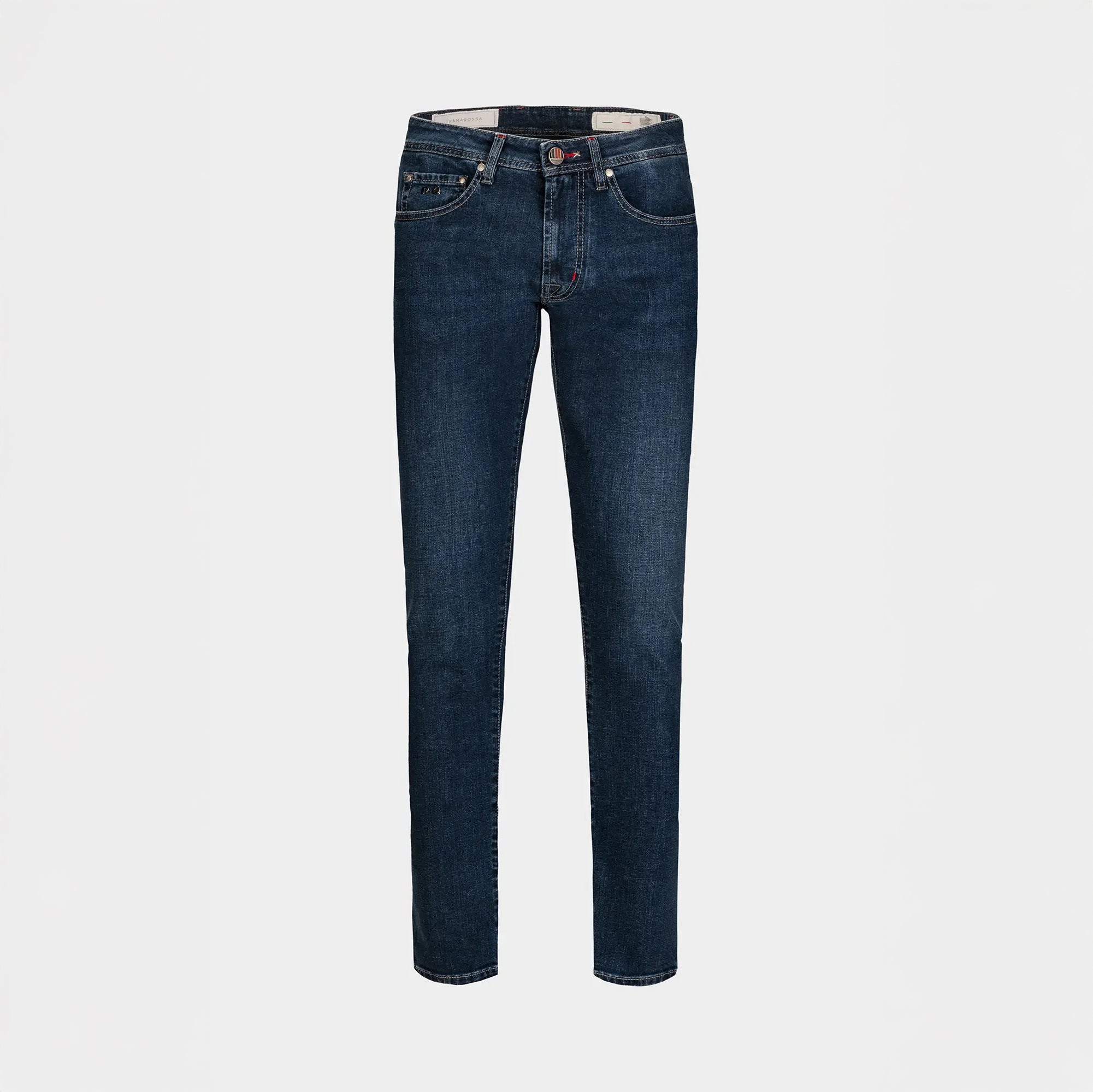 Denim bleu double face à intérieur rouge en coton extensible, coupe ajustée Leonardo - TRAMAROSSA
