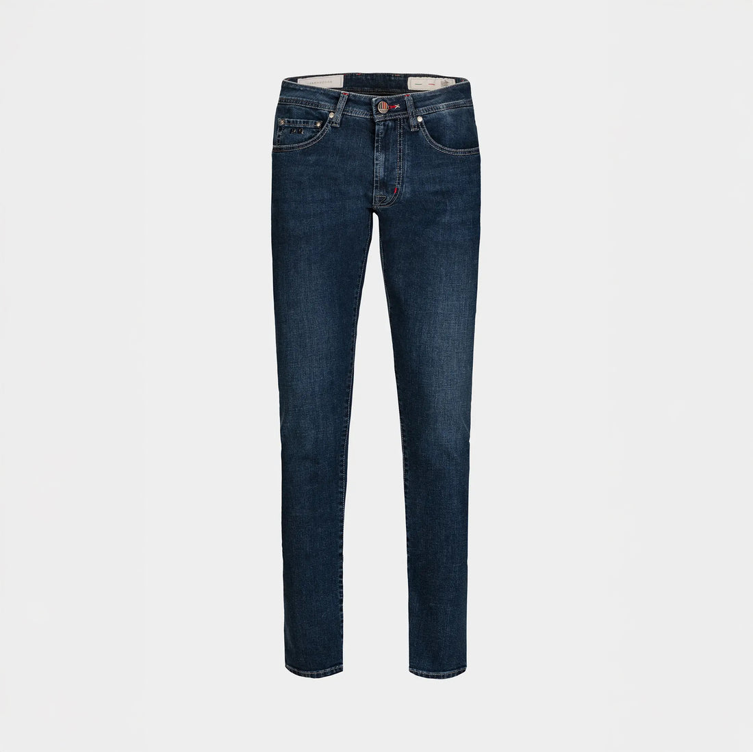 Denim bleu double face à intérieur rouge en coton extensible, coupe ajustée Leonardo - TRAMAROSSA