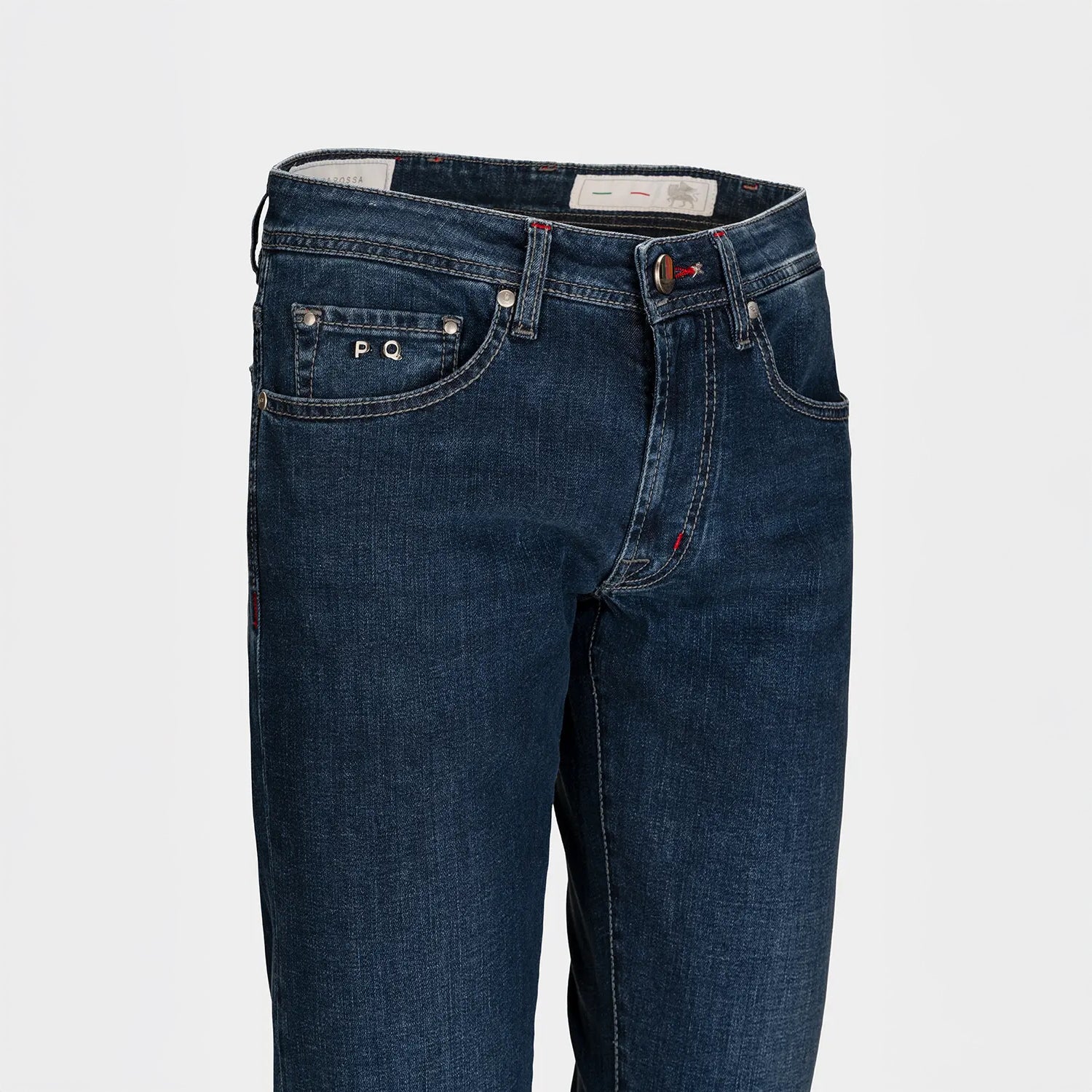 Denim bleu double face à intérieur rouge en coton extensible, coupe ajustée Leonardo - TRAMAROSSA