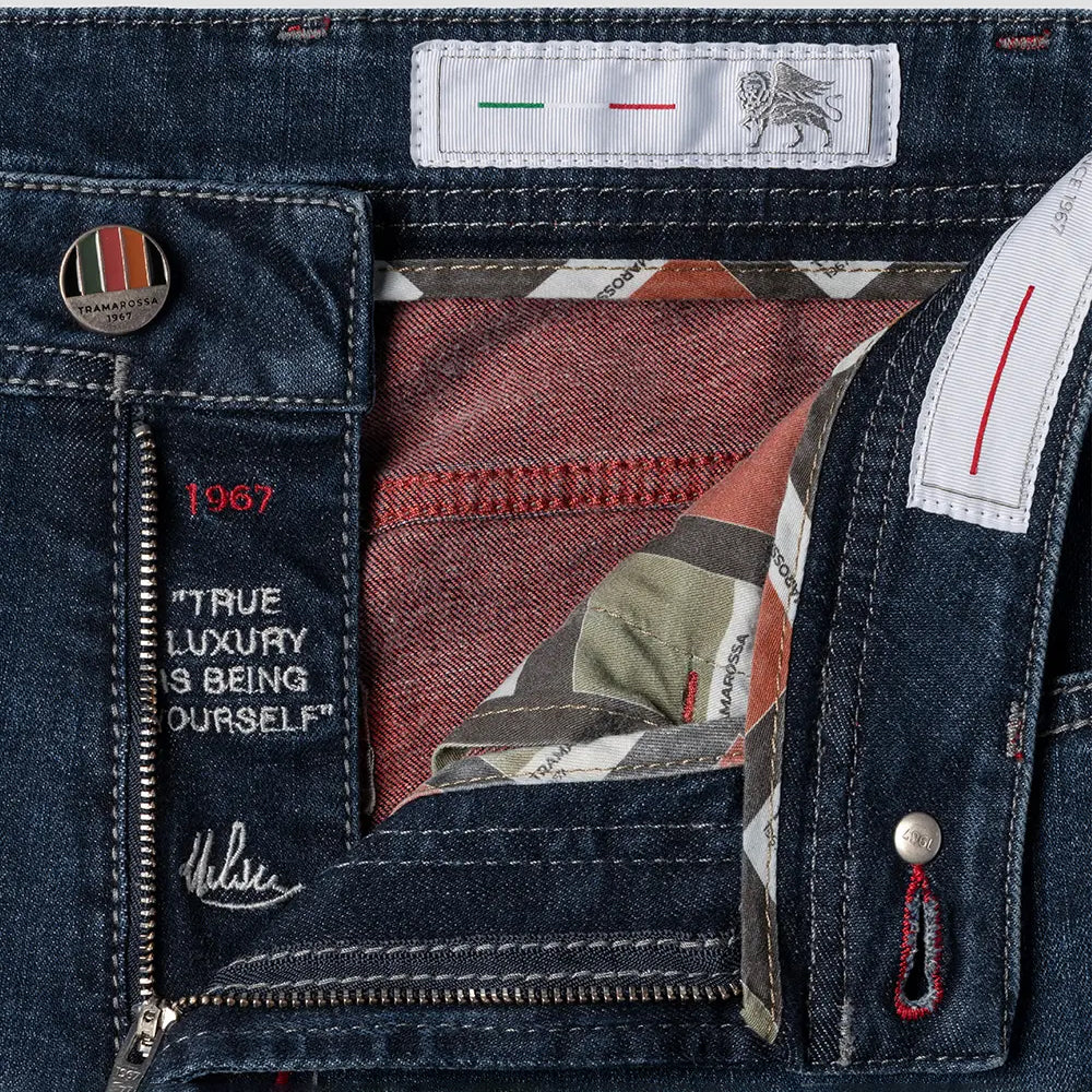 Denim bleu double face à intérieur rouge en coton extensible, coupe ajustée Leonardo - TRAMAROSSA