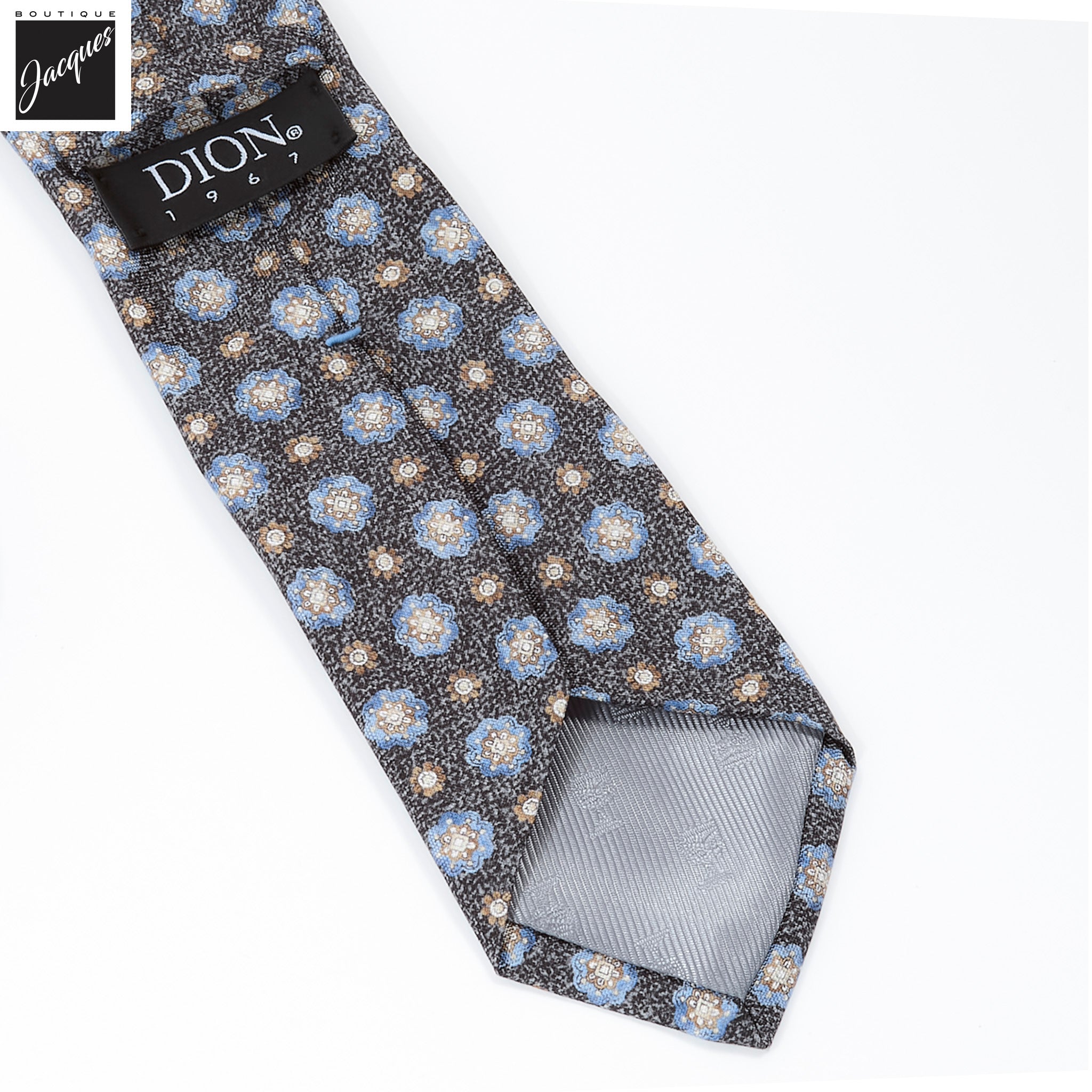 Onyx Gray Mélange Medallion Printed Panama Silk Tie - DION