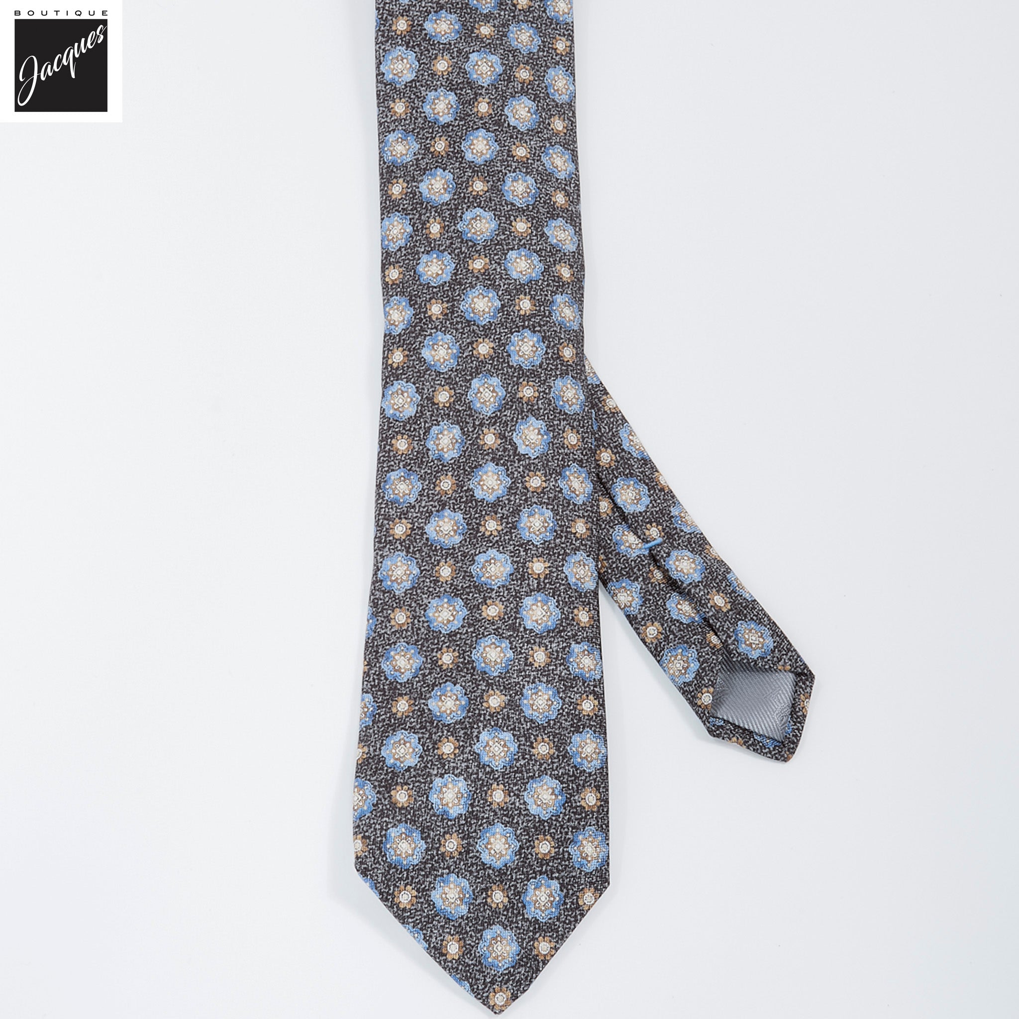 Onyx Gray Mélange Medallion Printed Panama Silk Tie - DION