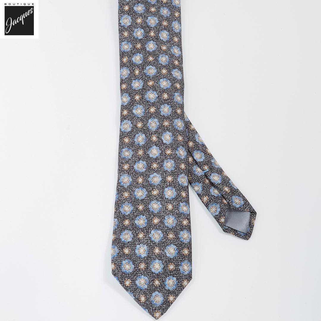 Onyx Gray Mélange Medallion Printed Panama Silk Tie - DION