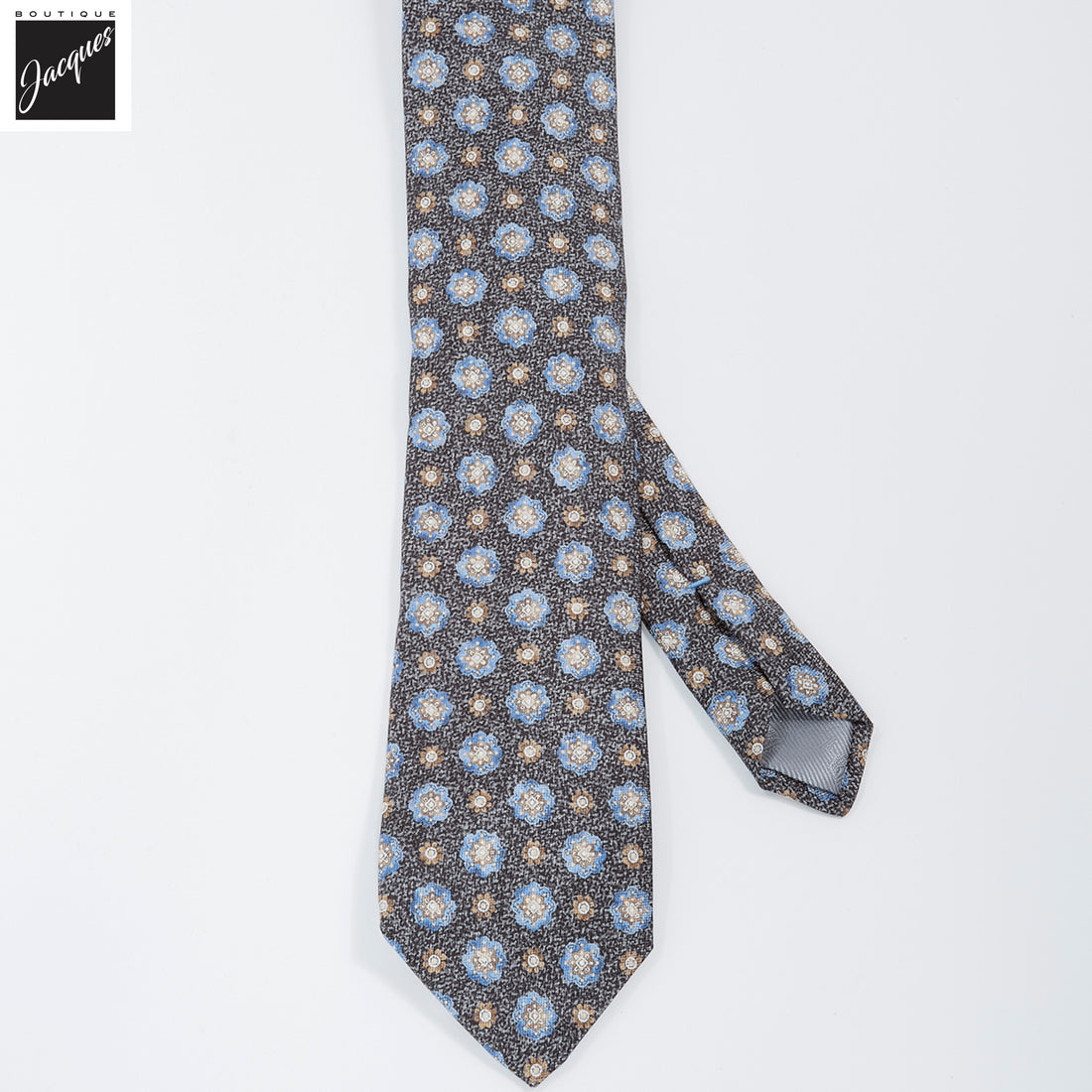 Onyx Gray Mélange Medallion Printed Panama Silk Tie - DION