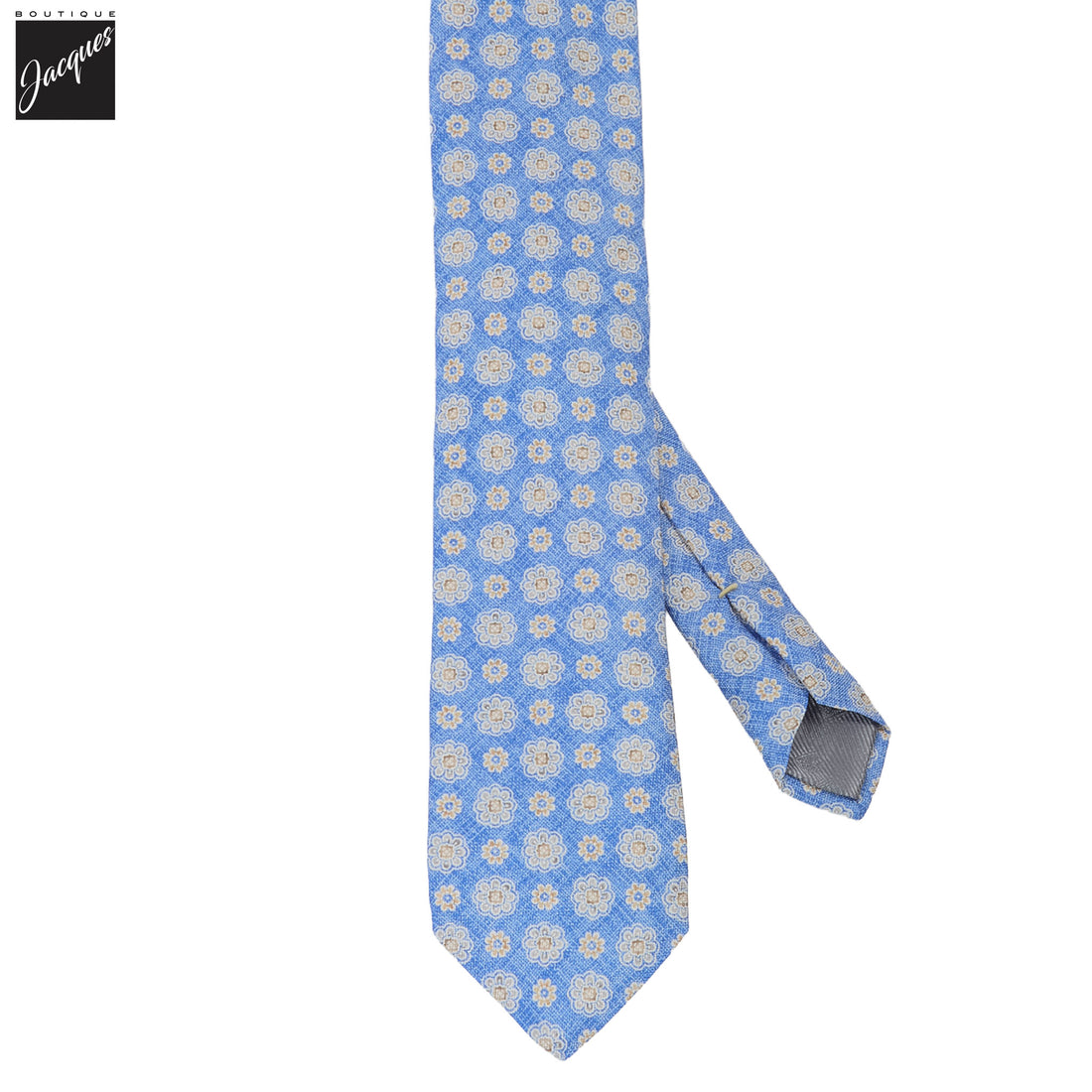 French Blue Mélange Floral Medallion Printed Panama Silk Tie - DION