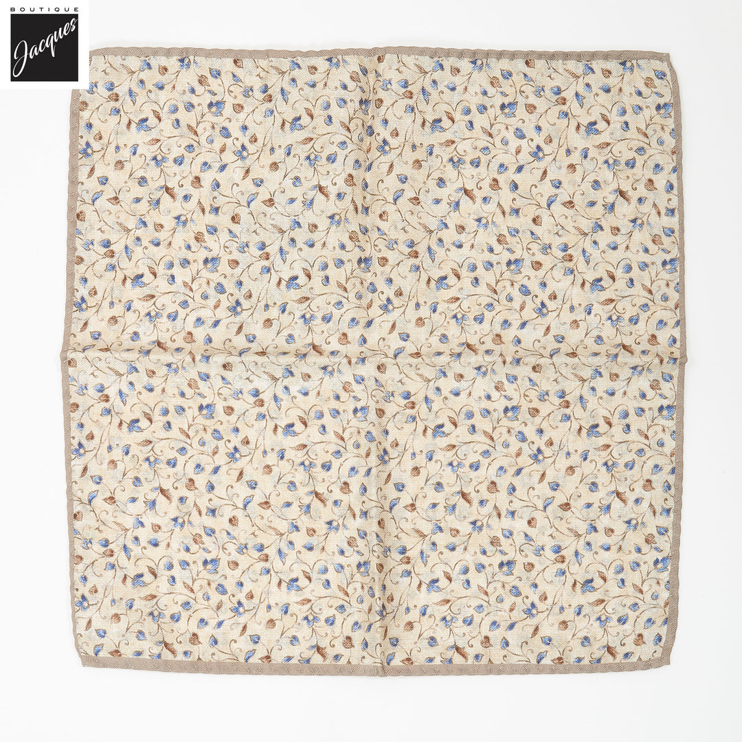 Beige Leafy Floral/Medallion Reversible Silk Pocket Square - DION - Boutique Jacques International