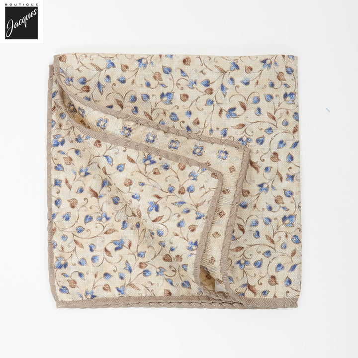 Beige Leafy Floral/Medallion Reversible Silk Pocket Square - DION - Boutique Jacques International