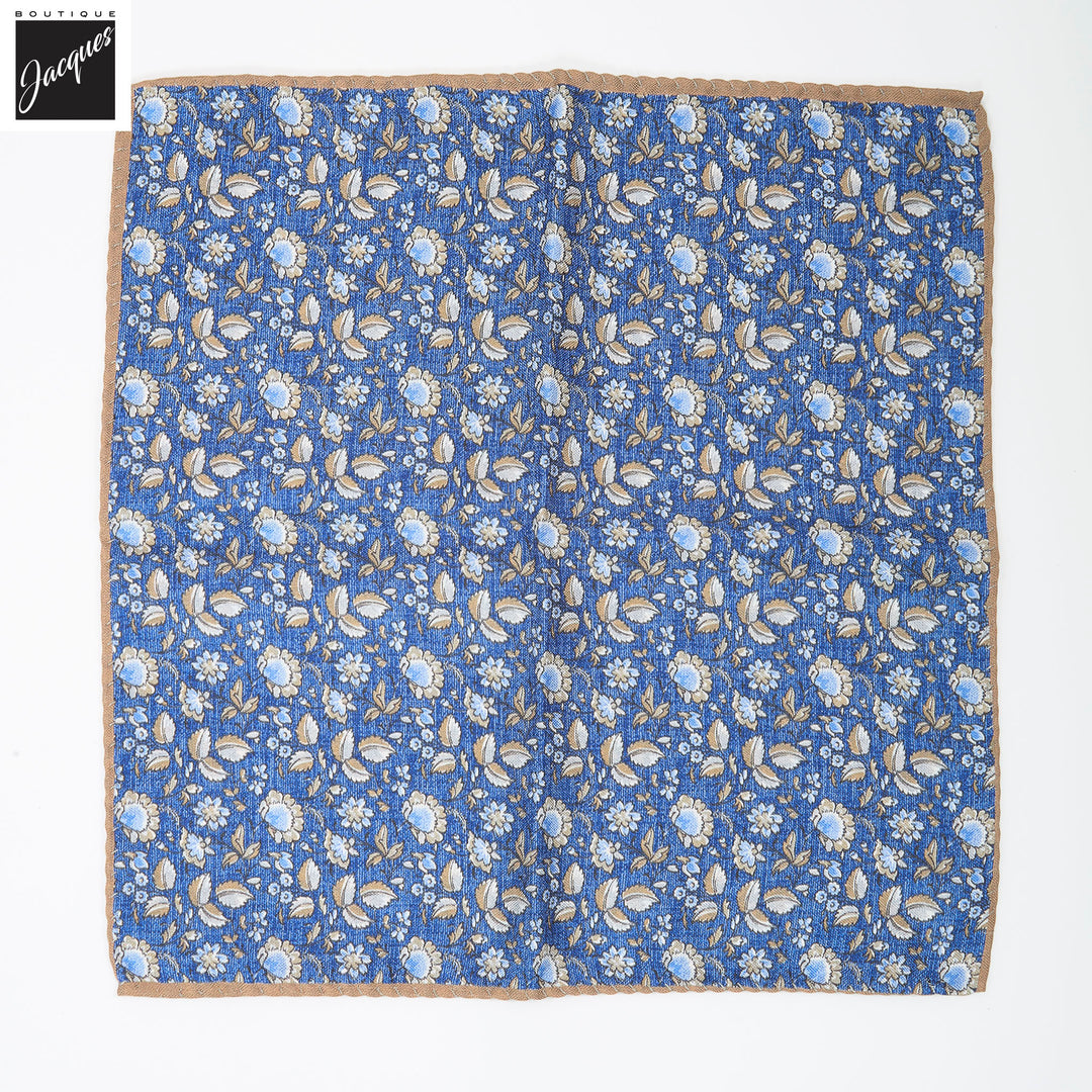 Denim Blue Floral/Micro-Paisley Reversible Silk Pocket Square - DION - Boutique Jacques International