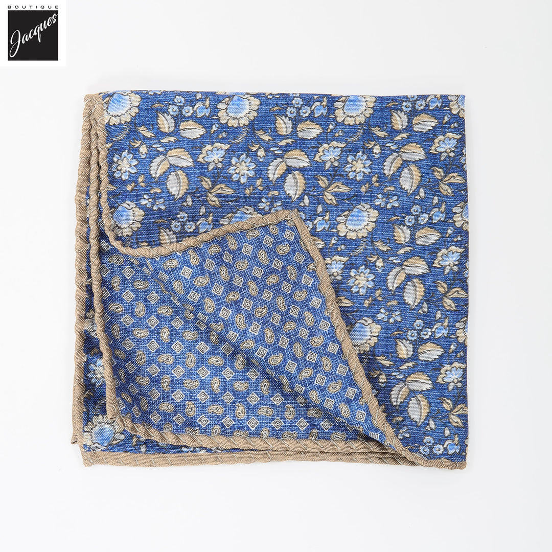 Denim Blue Floral/Micro-Paisley Reversible Silk Pocket Square - DION - Boutique Jacques International