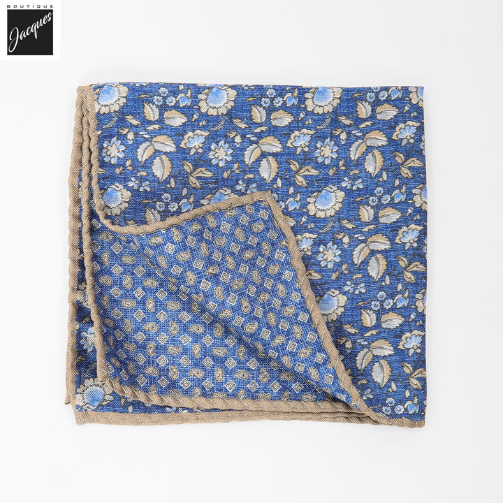 Denim Blue Floral/Micro-Paisley Reversible Silk Pocket Square - DION - Boutique Jacques International