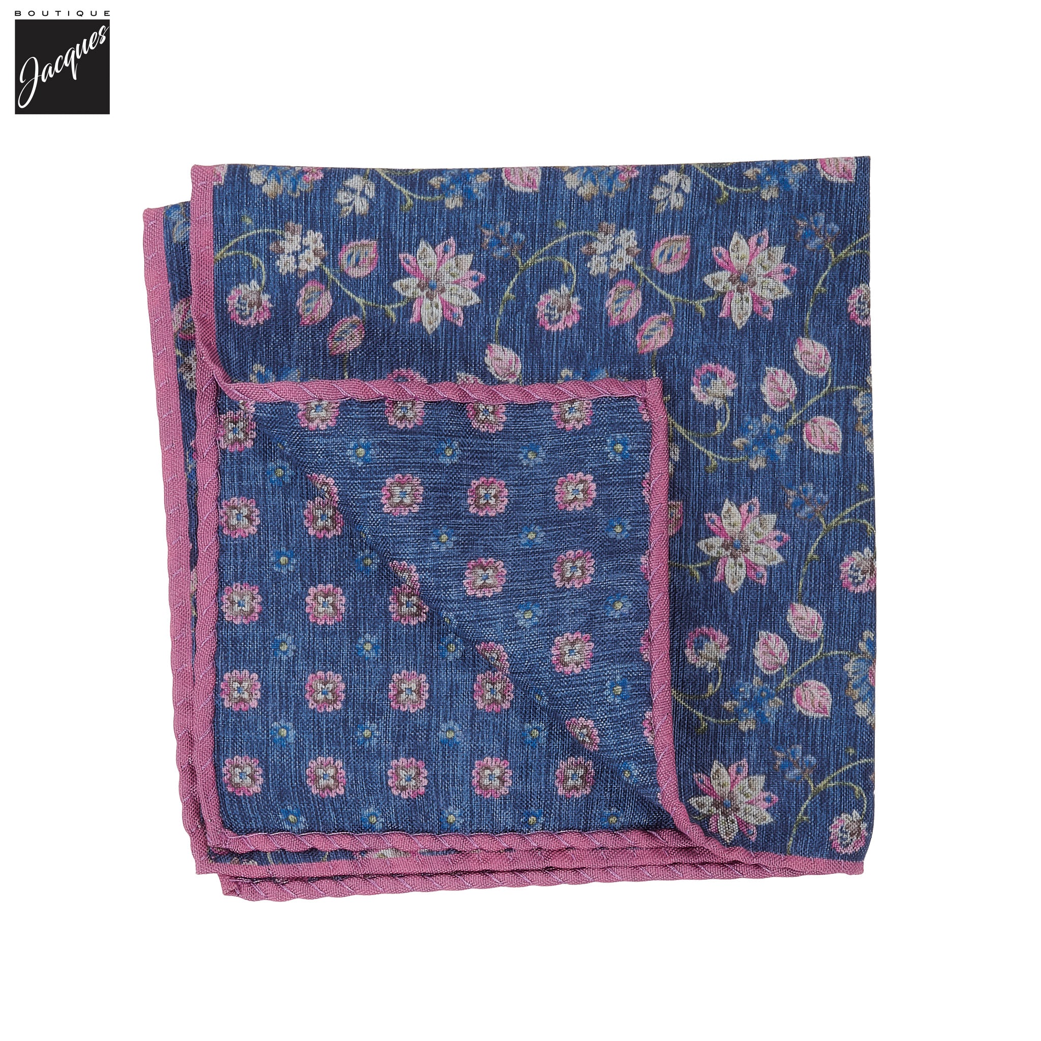Blue & Pink Floral Reversible Silk Pocket Square - DION - Boutique Jacques International