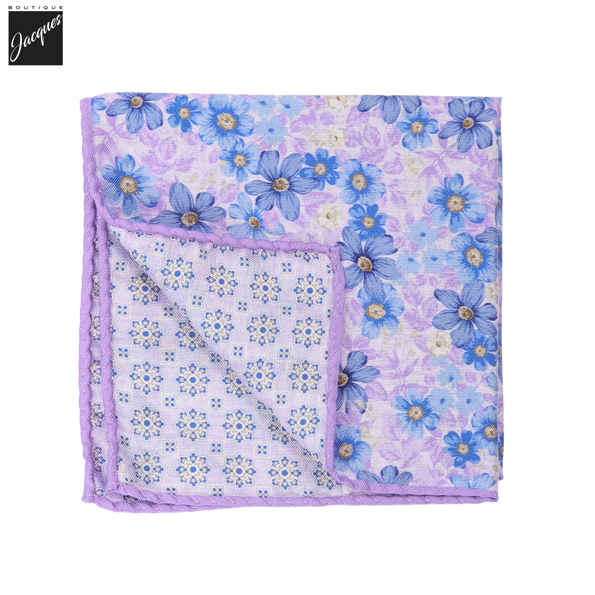 Lilac & Blue Floral/Medallion Reversible Silk Pocket Square - DION - Boutique Jacques International