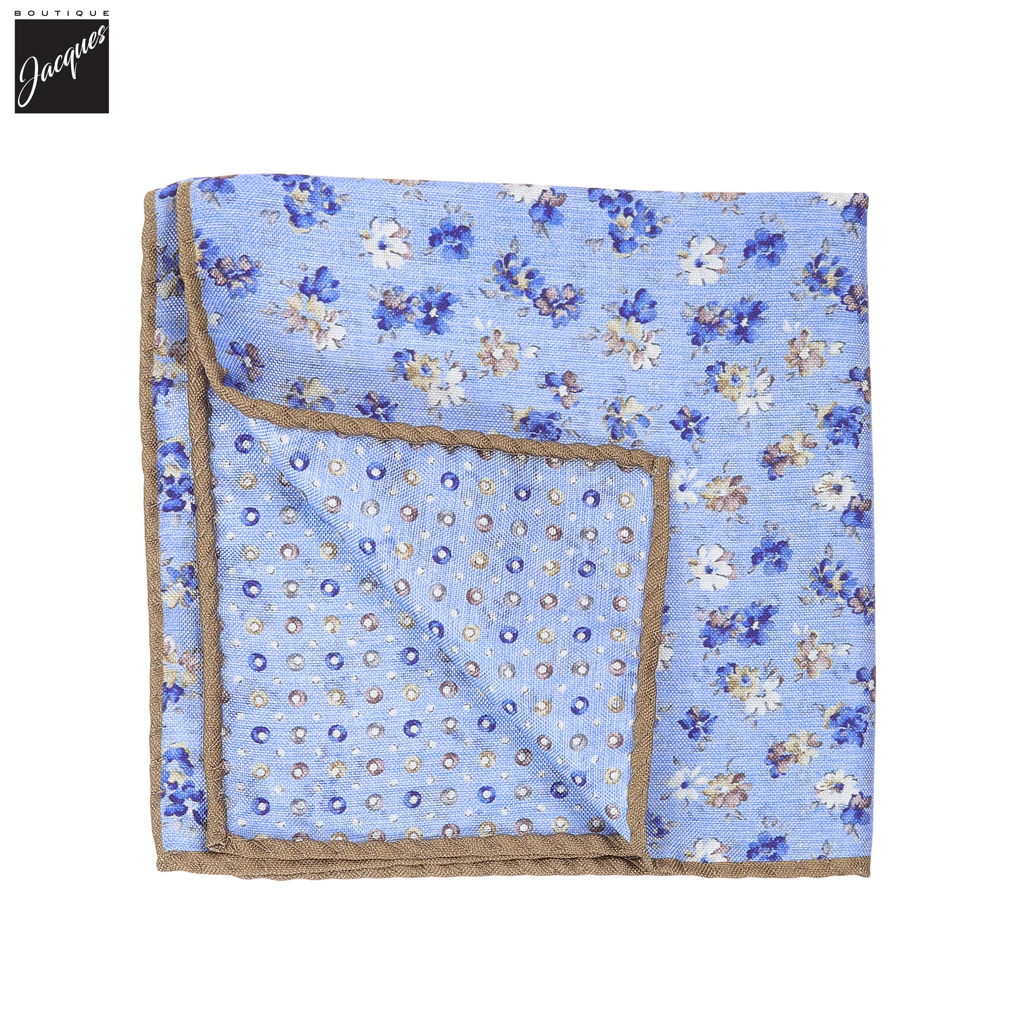 Light Blue Floral/Micro-Medallion Reversible Silk Pocket Square - DION - Boutique Jacques International