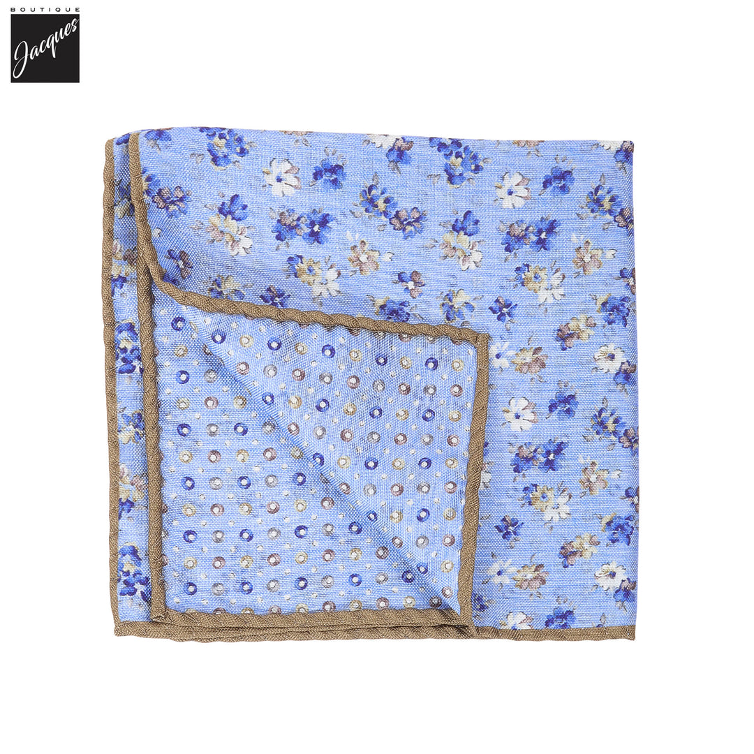 Light Blue Floral/Micro-Medallion Reversible Silk Pocket Square - DION - Boutique Jacques International