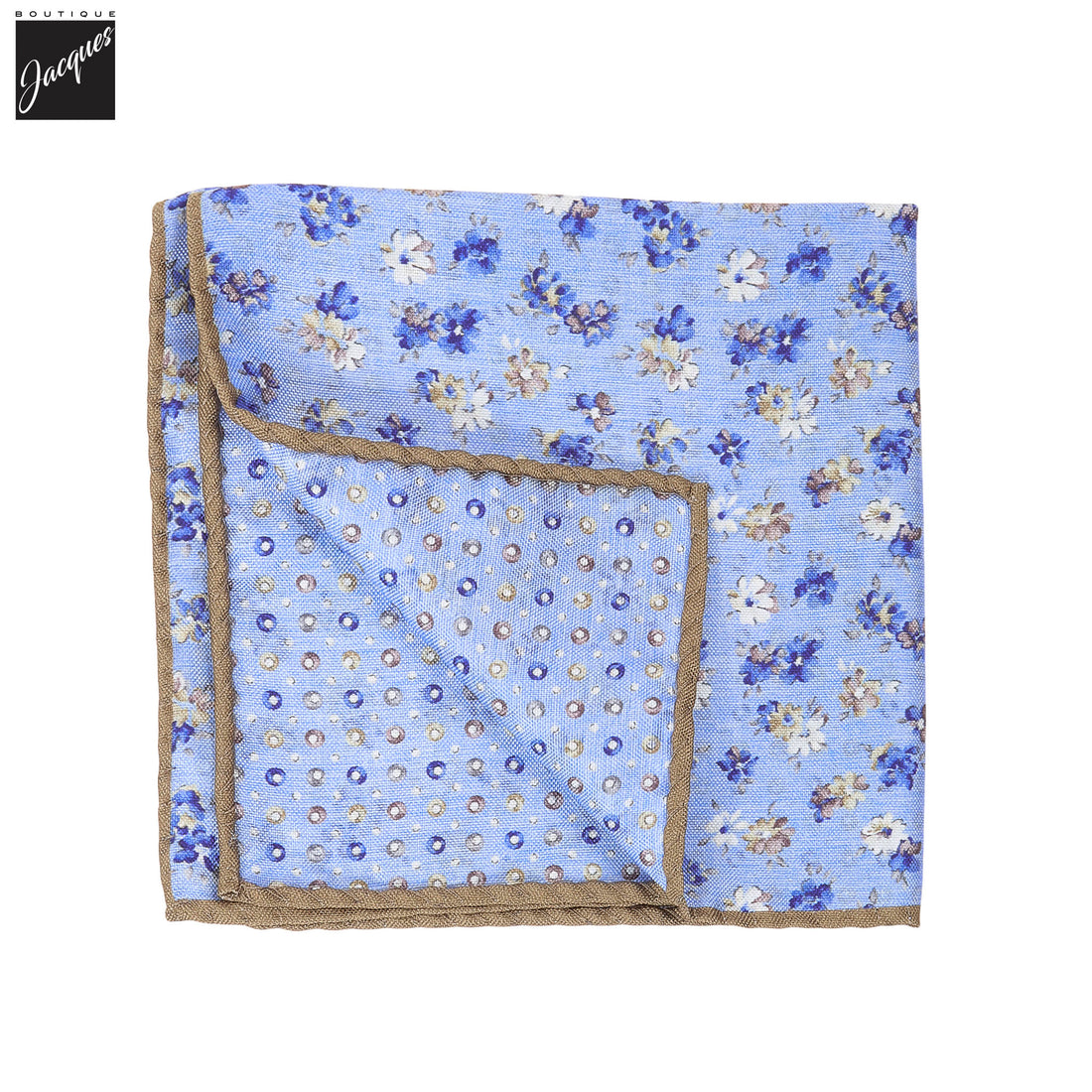 Light Blue Floral/Micro-Medallion Reversible Silk Pocket Square - DION - Boutique Jacques International