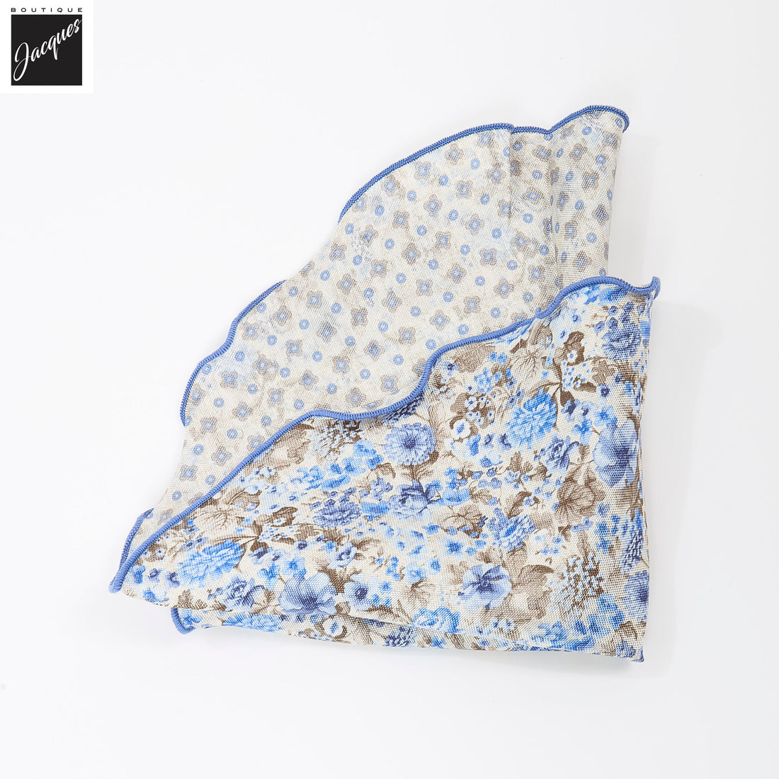 Beige & Blue Flower/Medallion Reversible Silk Pocket Round - DION - Boutique Jacques International