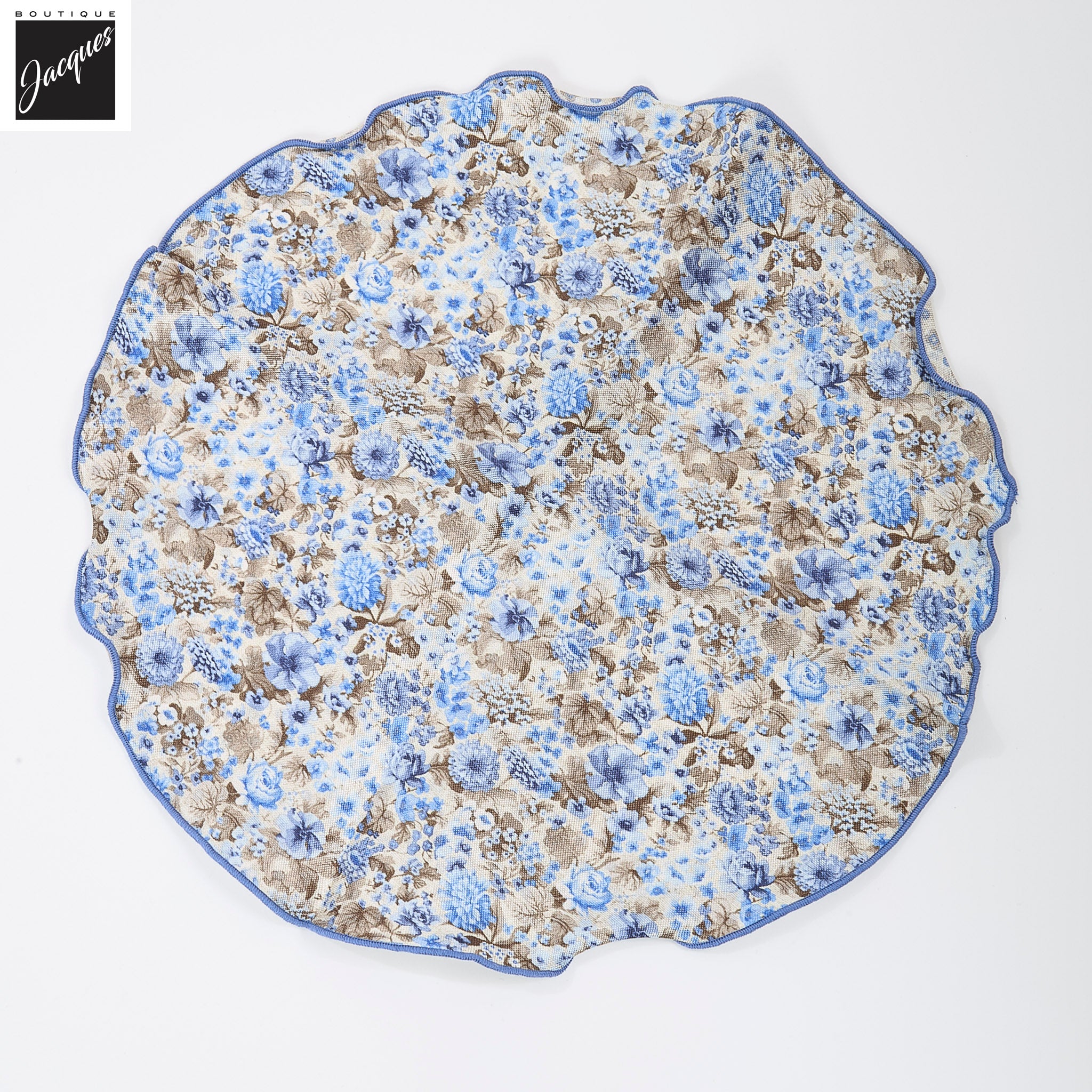Beige & Blue Flower/Medallion Reversible Silk Pocket Round - DION - Boutique Jacques International