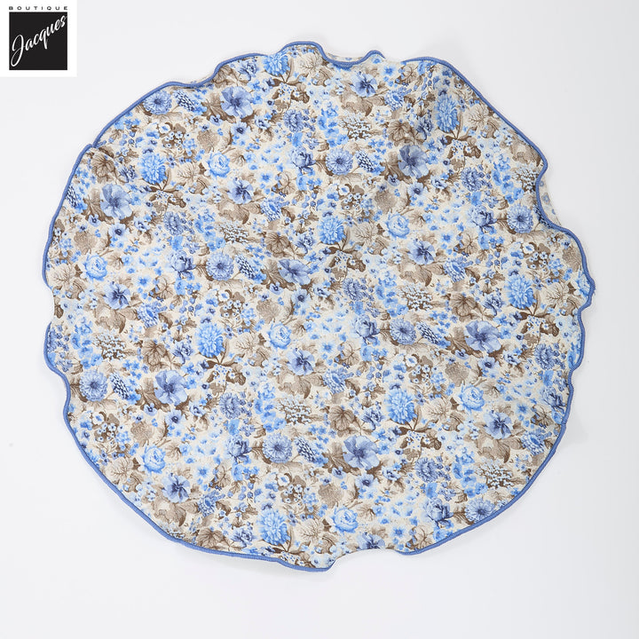 Beige & Blue Flower/Medallion Reversible Silk Pocket Round - DION - Boutique Jacques International