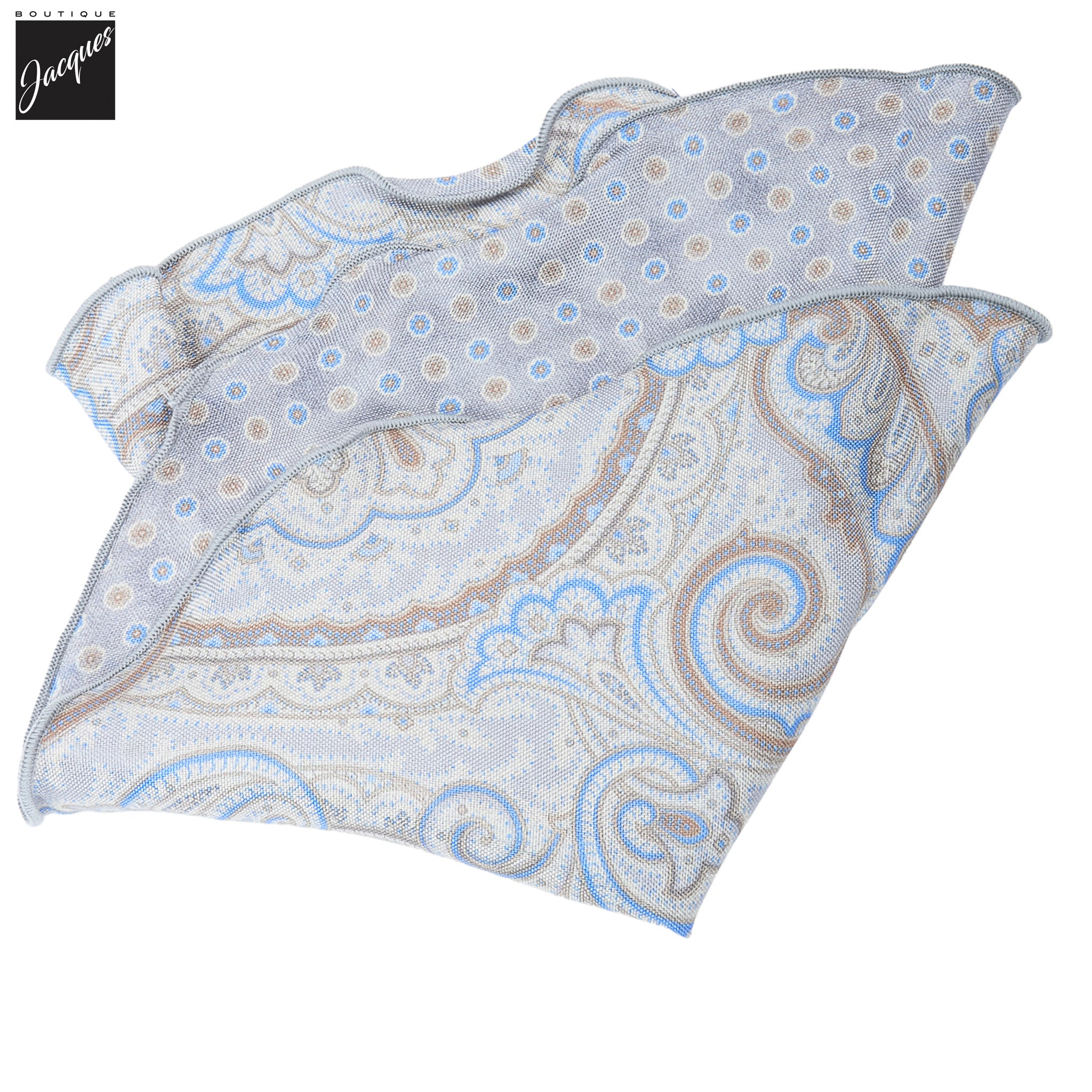 Ice Gray Paisley/Medallion Reversible Silk Pocket Round - DION - Boutique Jacques International