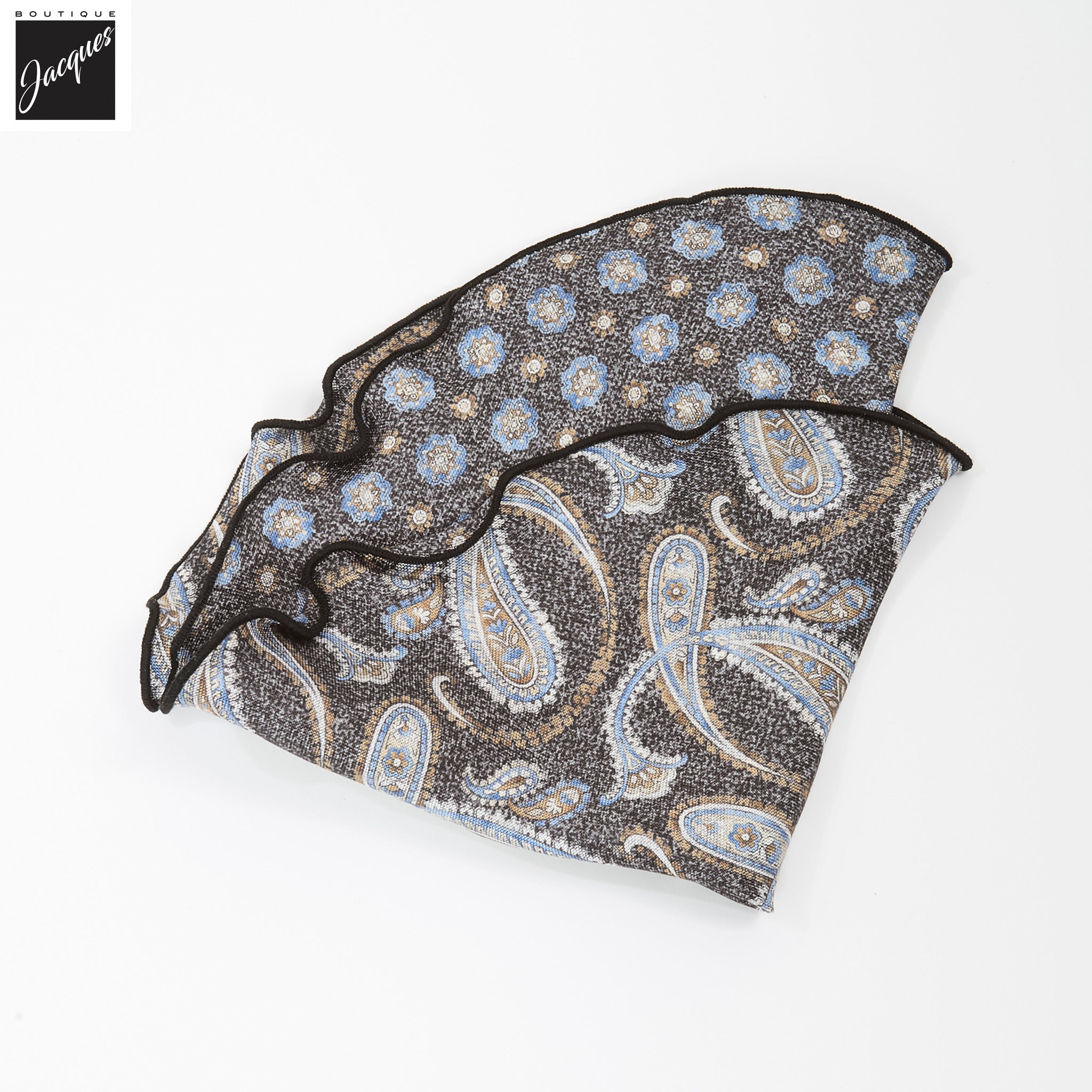 Dark Charcoal Paisley/Medallion Reversible Silk Pocket Round - DION - Boutique Jacques International