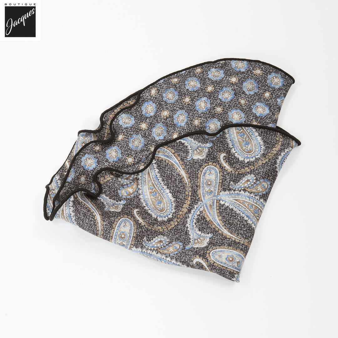 Dark Charcoal Paisley/Medallion Reversible Silk Pocket Round - DION - Boutique Jacques International
