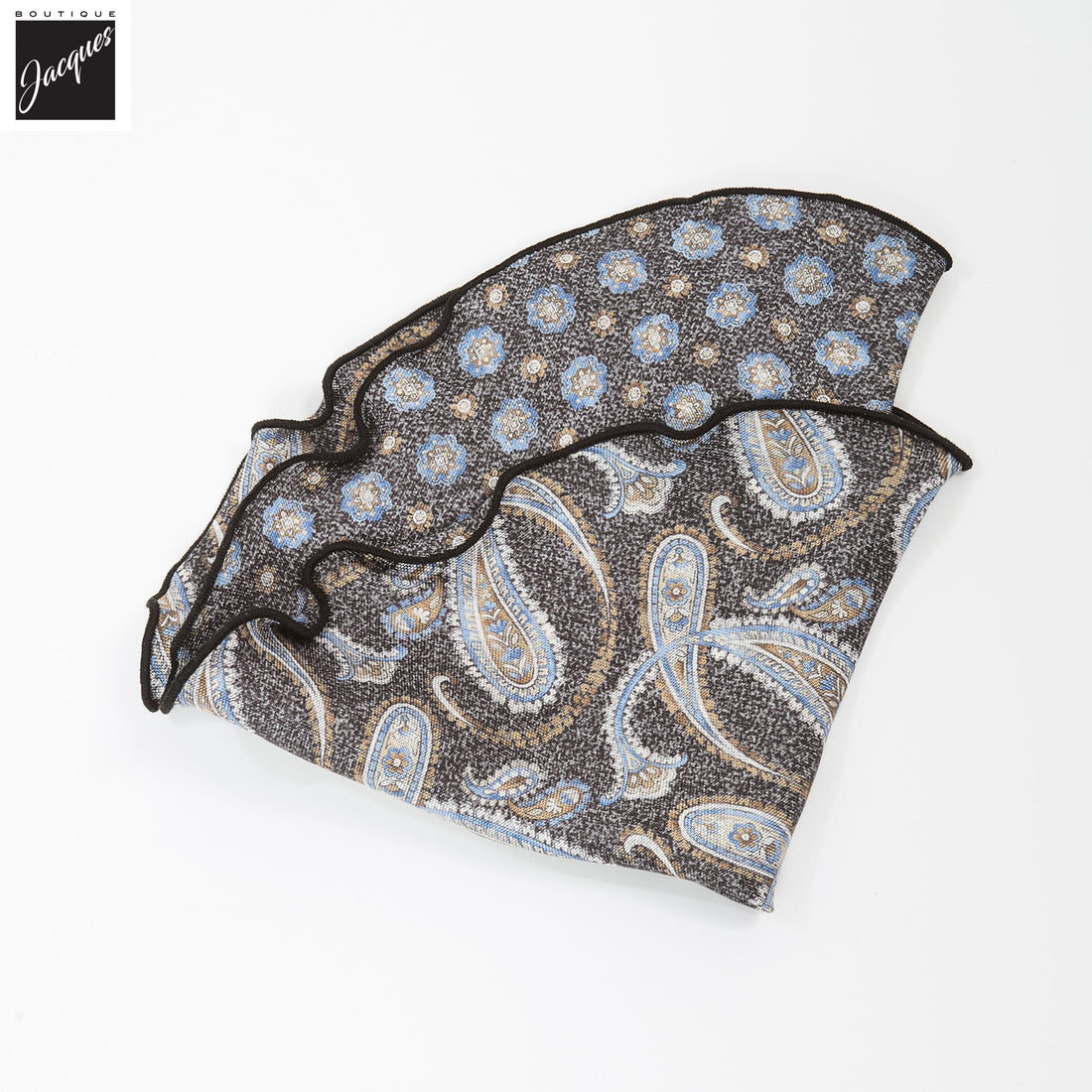 Dark Charcoal Paisley/Medallion Reversible Silk Pocket Round - DION - Boutique Jacques International