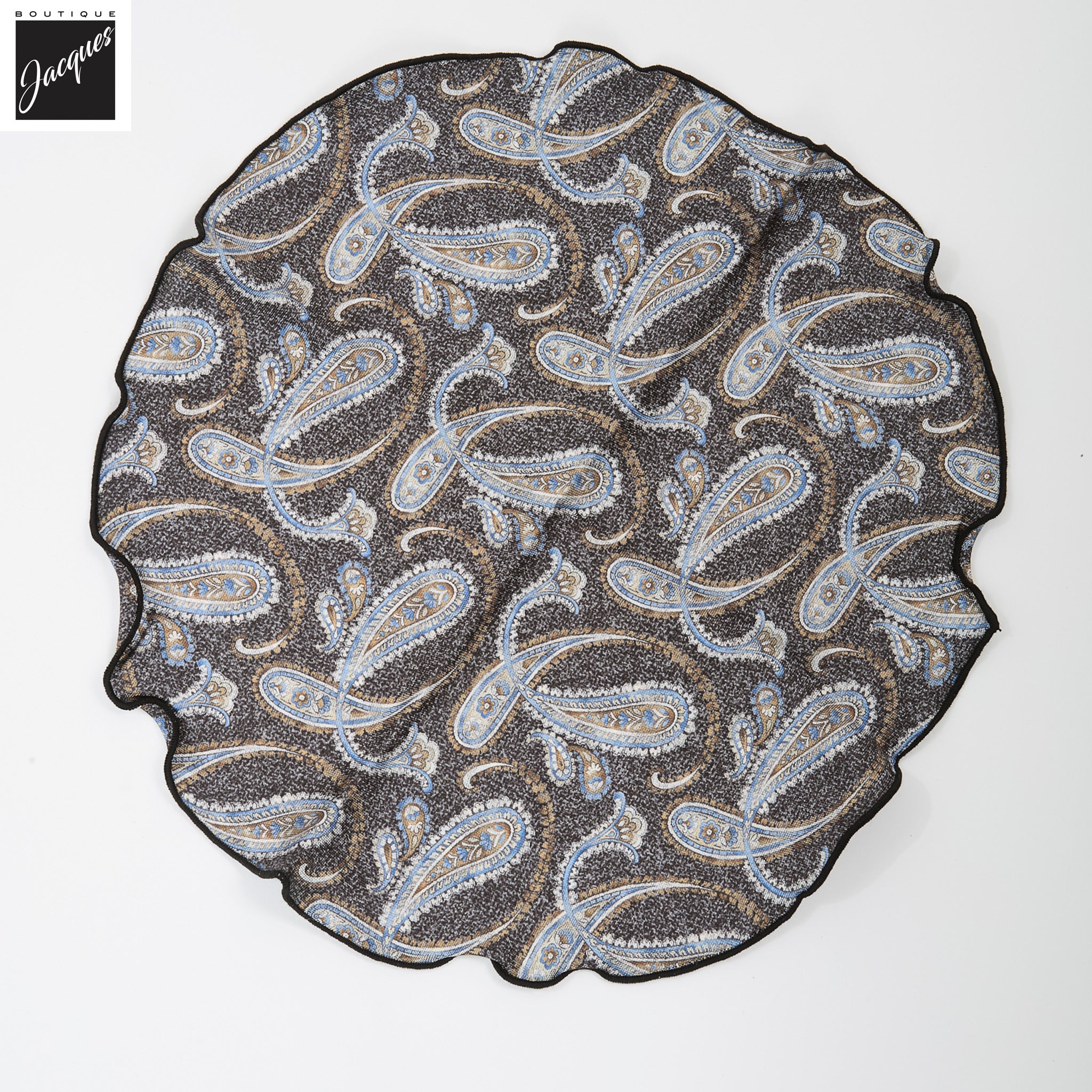 Dark Charcoal Paisley/Medallion Reversible Silk Pocket Round - DION - Boutique Jacques International