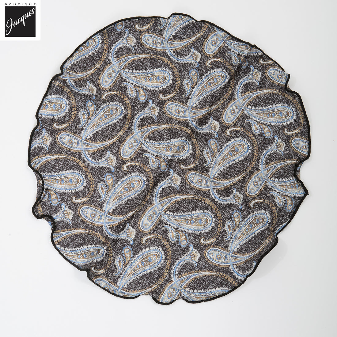 Dark Charcoal Paisley/Medallion Reversible Silk Pocket Round - DION - Boutique Jacques International
