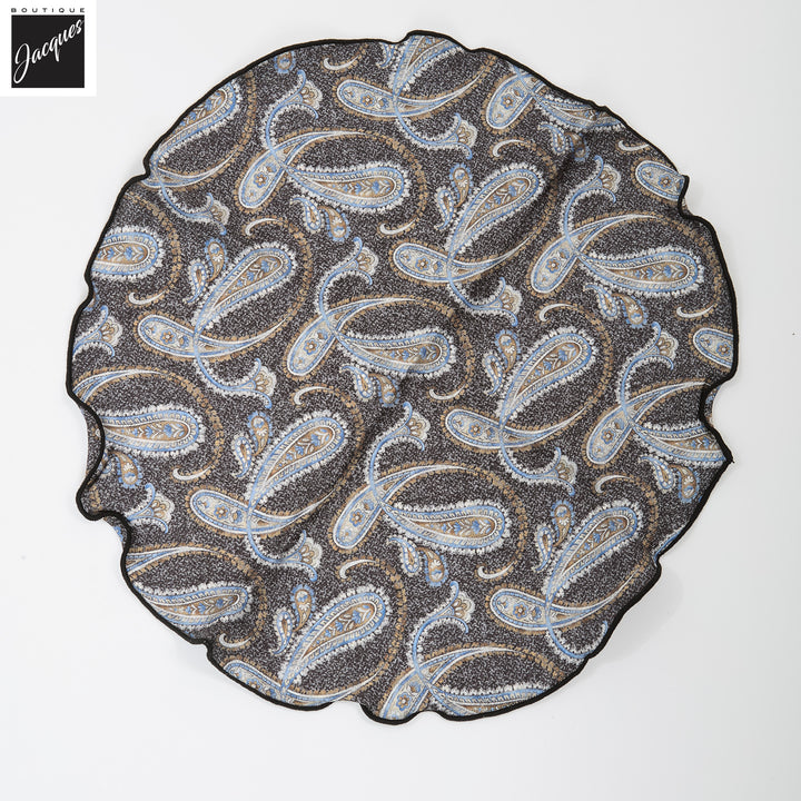 Dark Charcoal Paisley/Medallion Reversible Silk Pocket Round - DION - Boutique Jacques International
