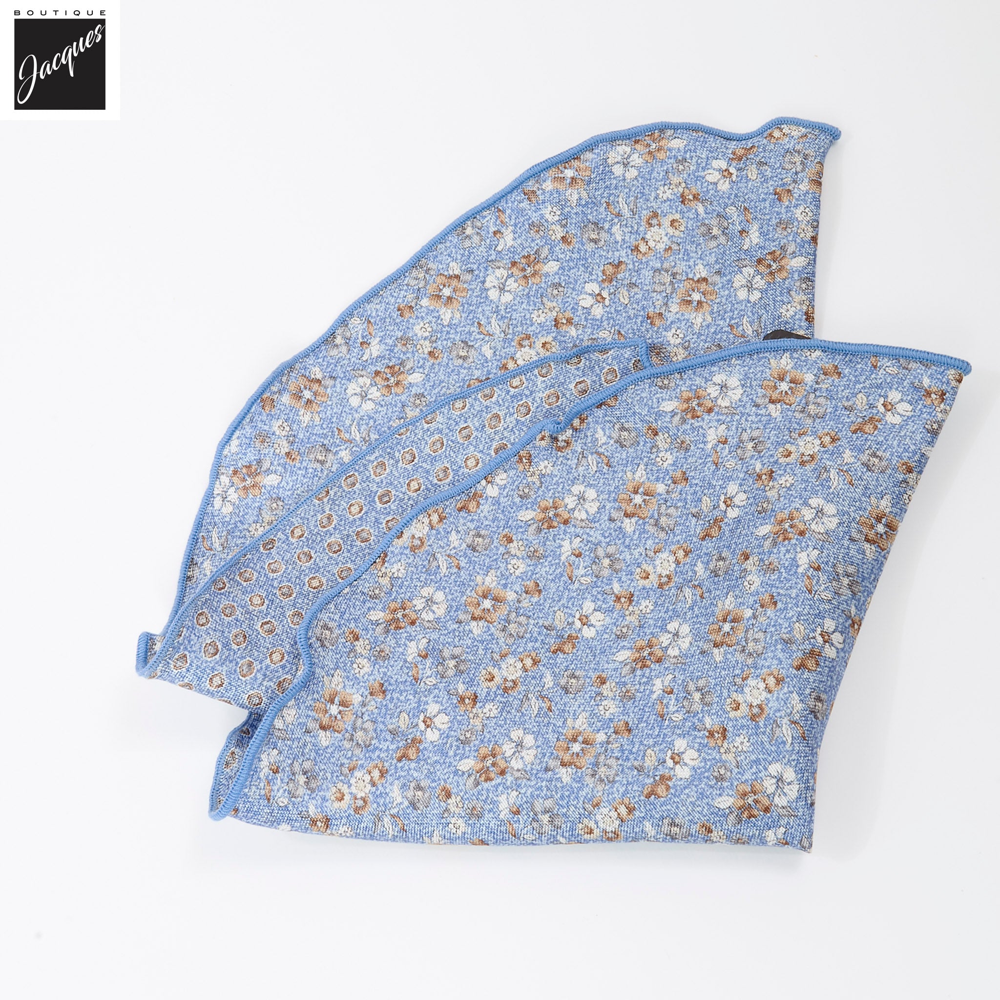 Light Blue Flower/Medallion Motif Reversible Silk Pocket Round - DION - Boutique Jacques International