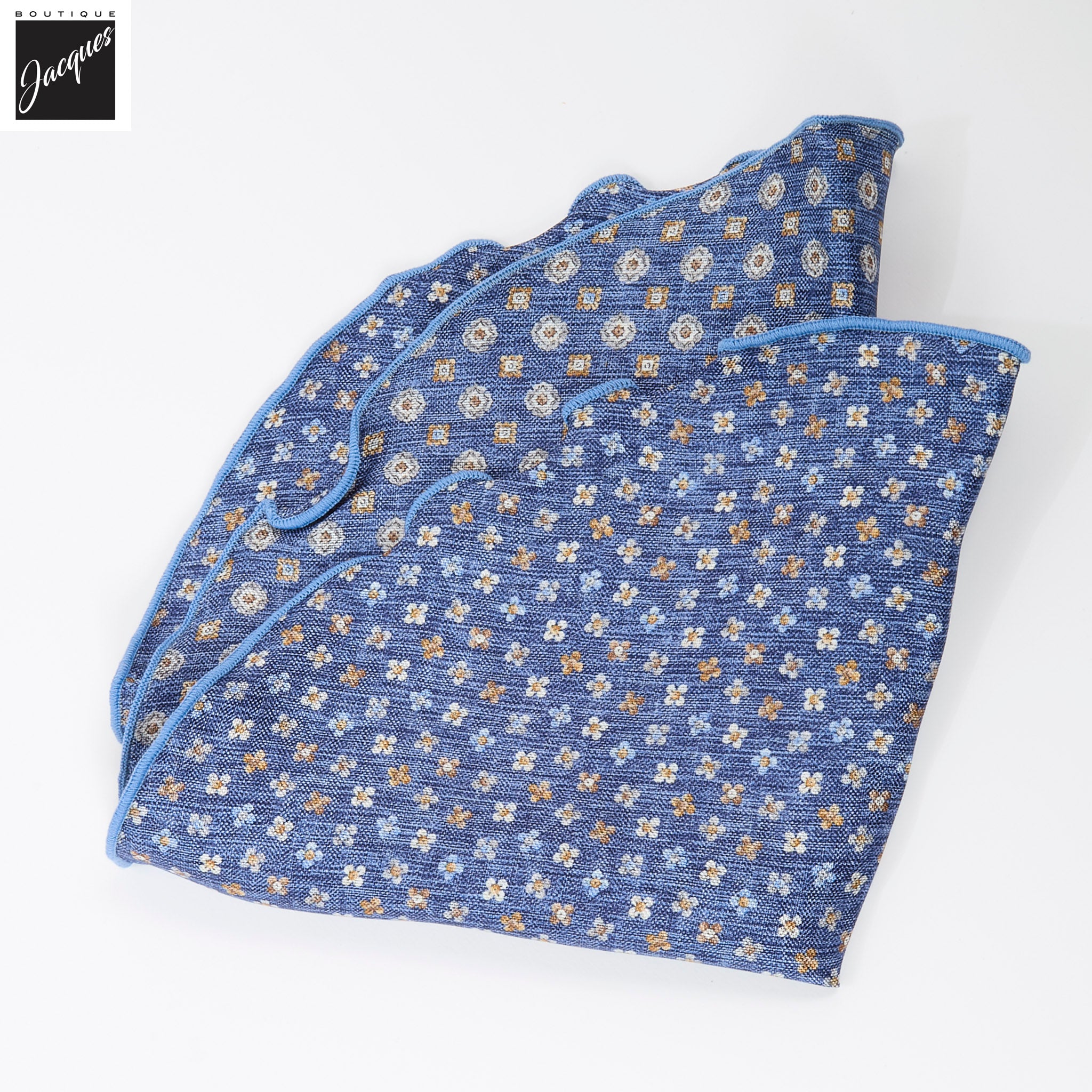 Mid Blue Mini Floral/Medallion Reversible Silk Pocket Round - DION - Boutique Jacques International