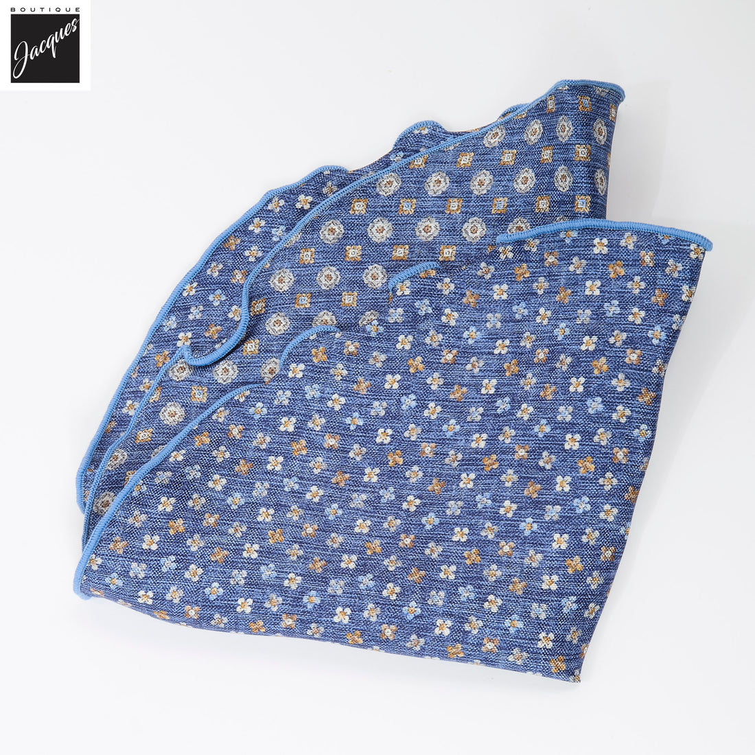 Mid Blue Mini Floral/Medallion Reversible Silk Pocket Round - DION - Boutique Jacques International