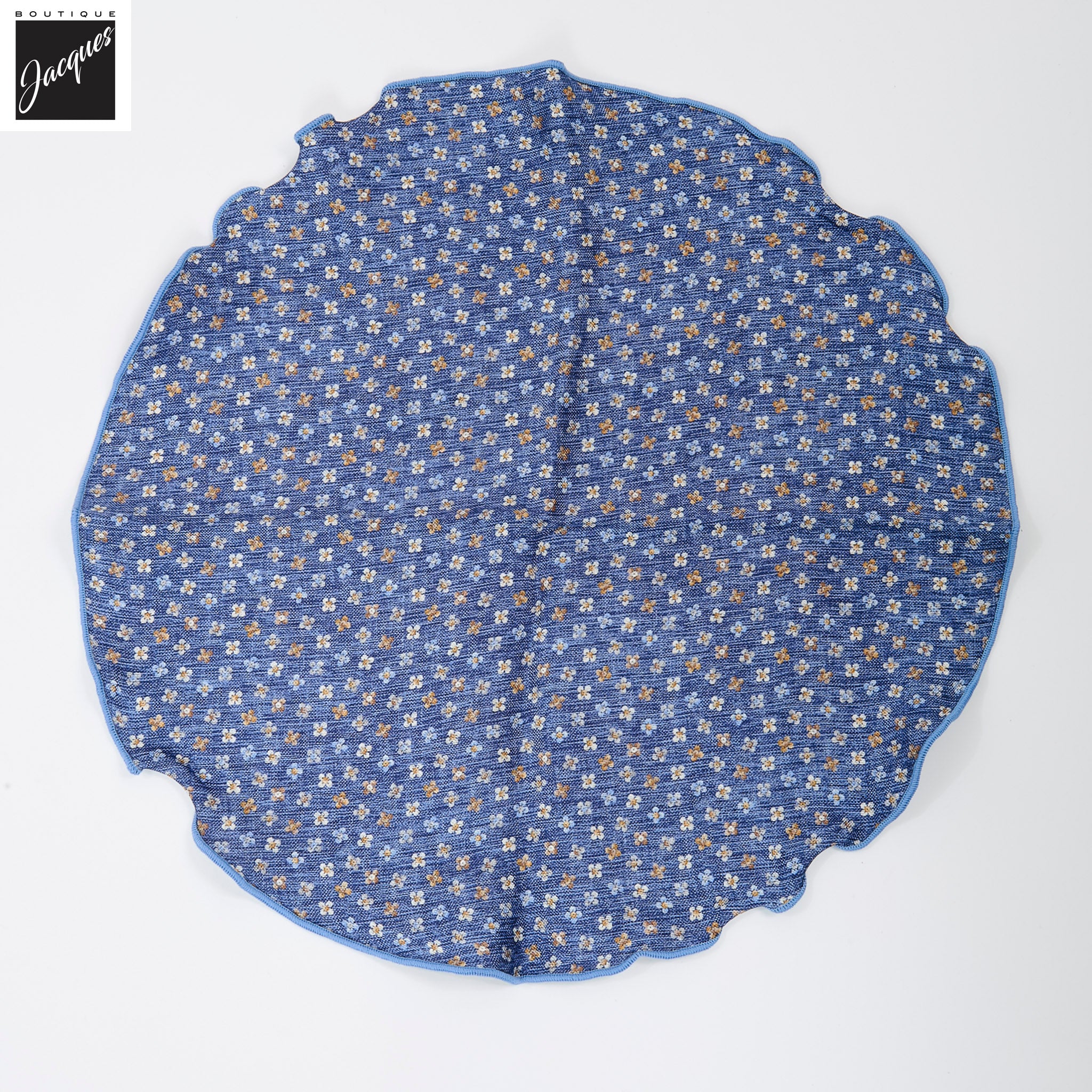 Mid Blue Mini Floral/Medallion Reversible Silk Pocket Round - DION - Boutique Jacques International