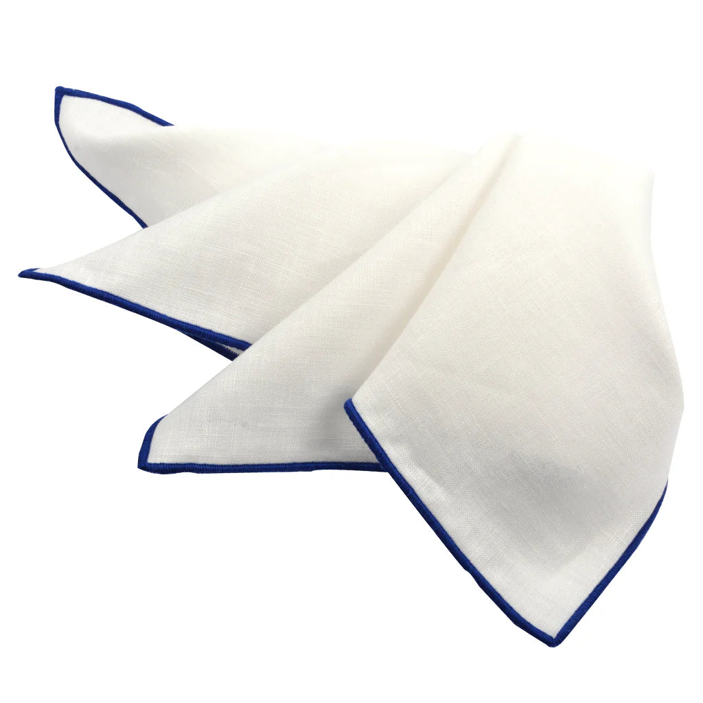 Royal Blue Trim White Linen Pocket Square - DION - Boutique Jacques International