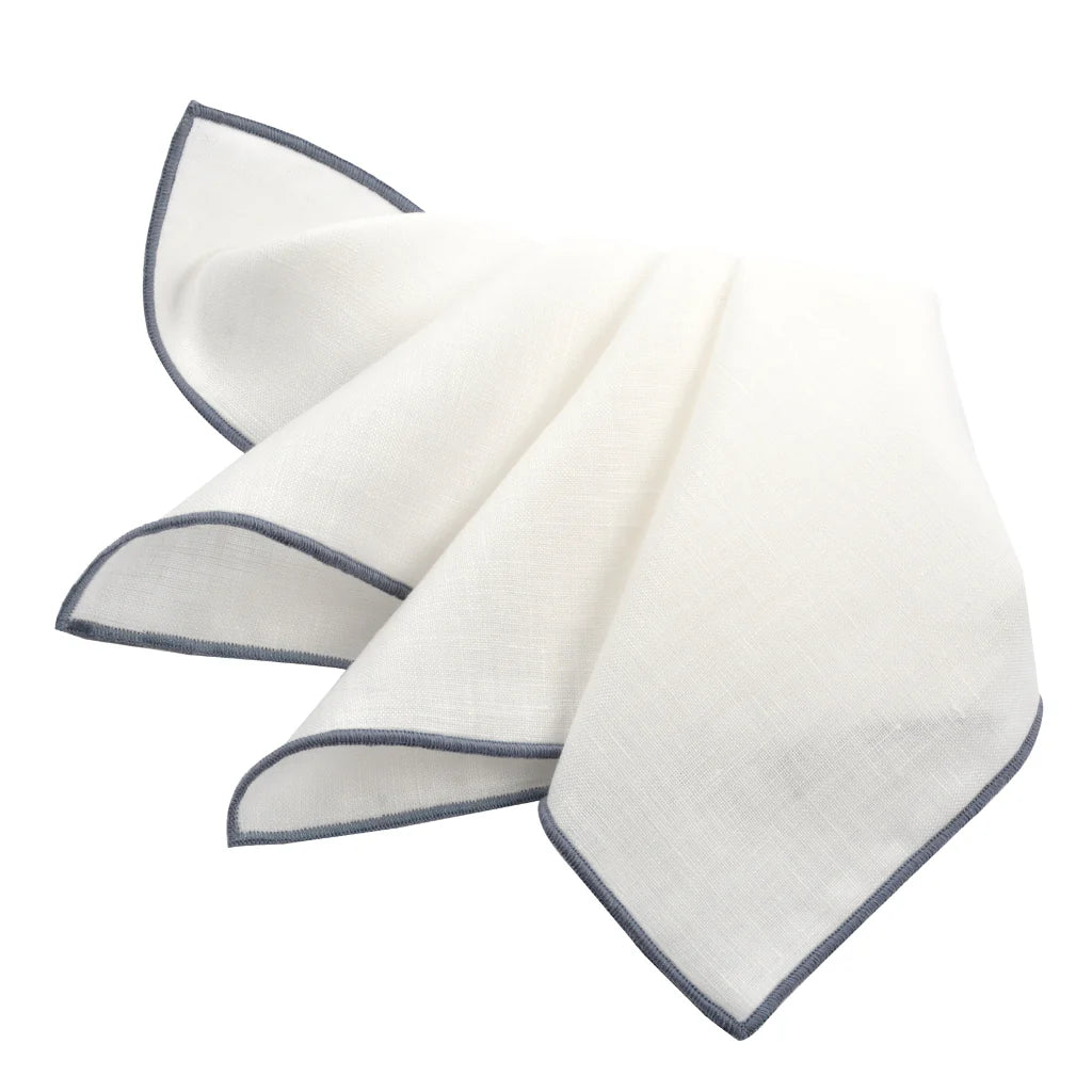 Gray Trim White Linen Pocket Square - DION - Boutique Jacques International