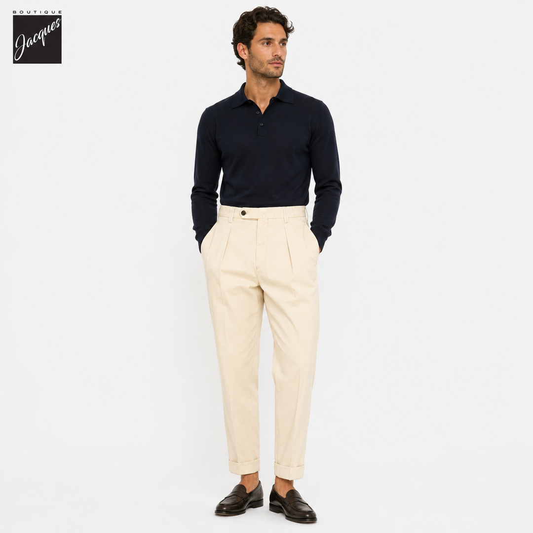 Ecru Cotton Denim Chiaia Wide Fit Chino Trousers - Berwich