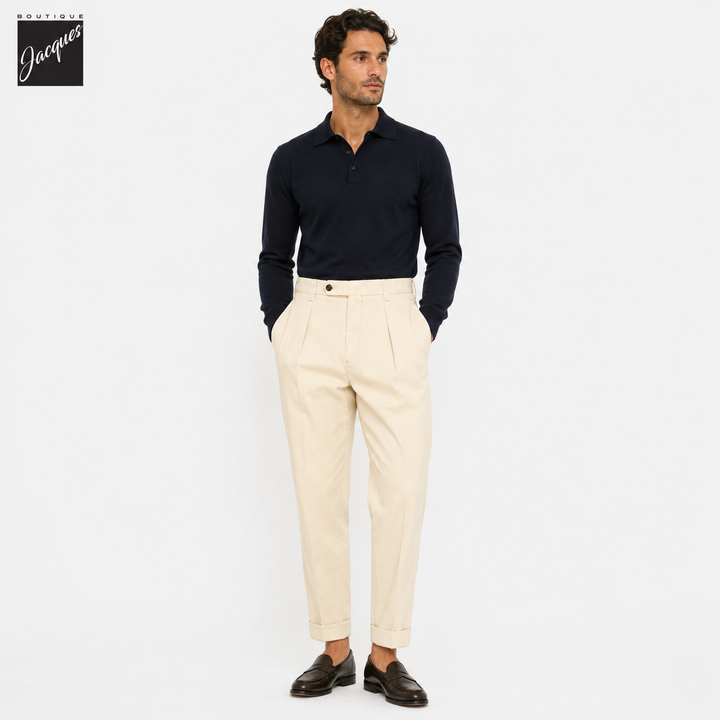 Ecru Cotton Denim Chiaia Wide Fit Chino Trousers - Berwich