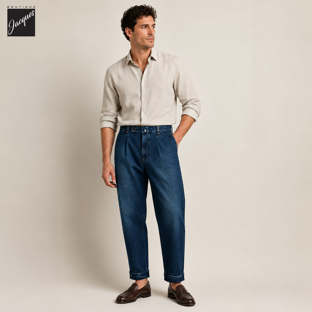 Mid Blue Cotton-Stretch Chiaia Wide Fit Denim Trousers - Berwich