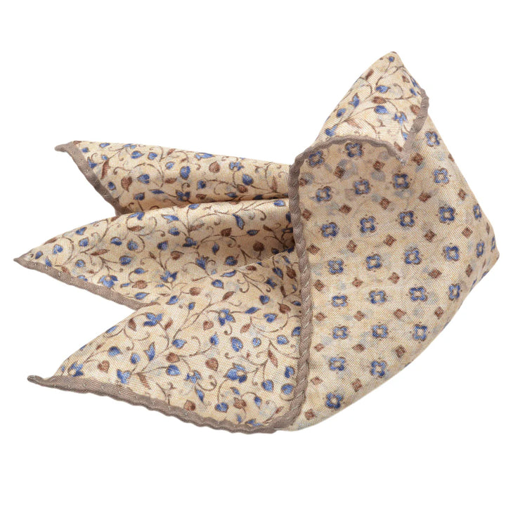 Beige Leafy Floral/Medallion Reversible Silk Pocket Square - DION - Boutique Jacques International