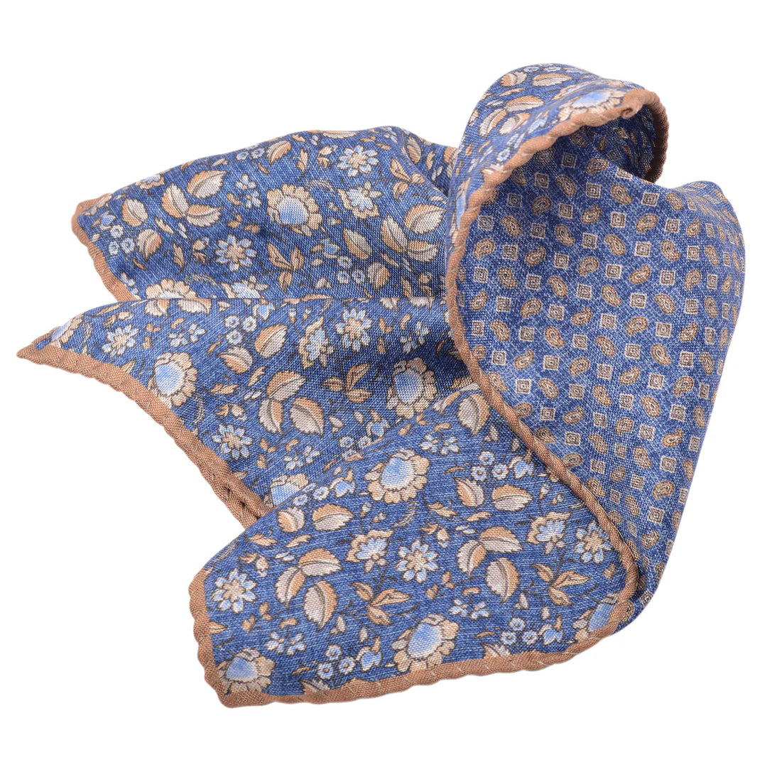 Denim Blue Floral/Micro-Paisley Reversible Silk Pocket Square - DION - Boutique Jacques International