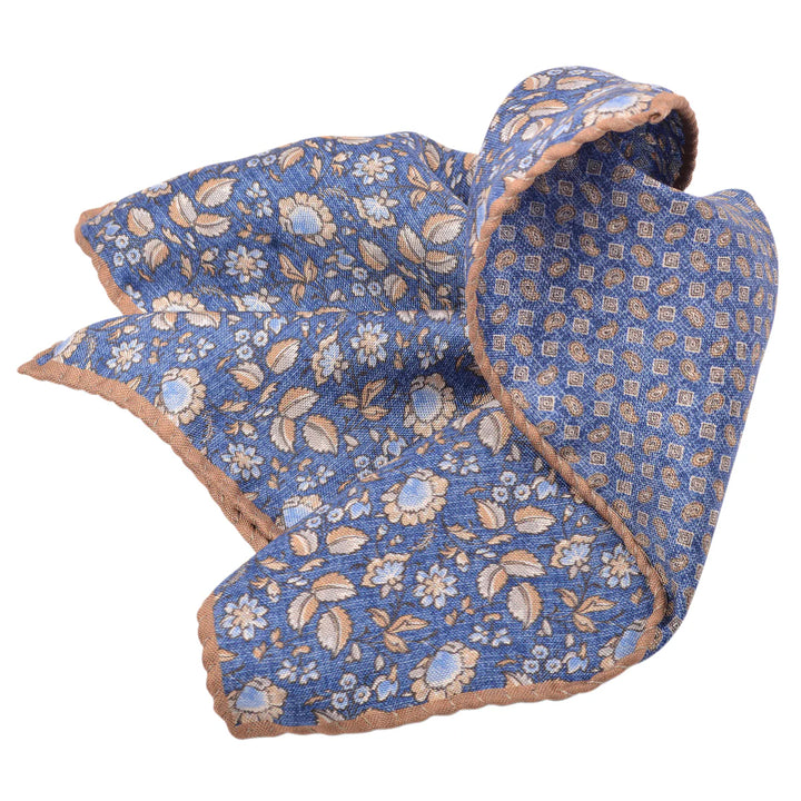 Denim Blue Floral/Micro-Paisley Reversible Silk Pocket Square - DION - Boutique Jacques International