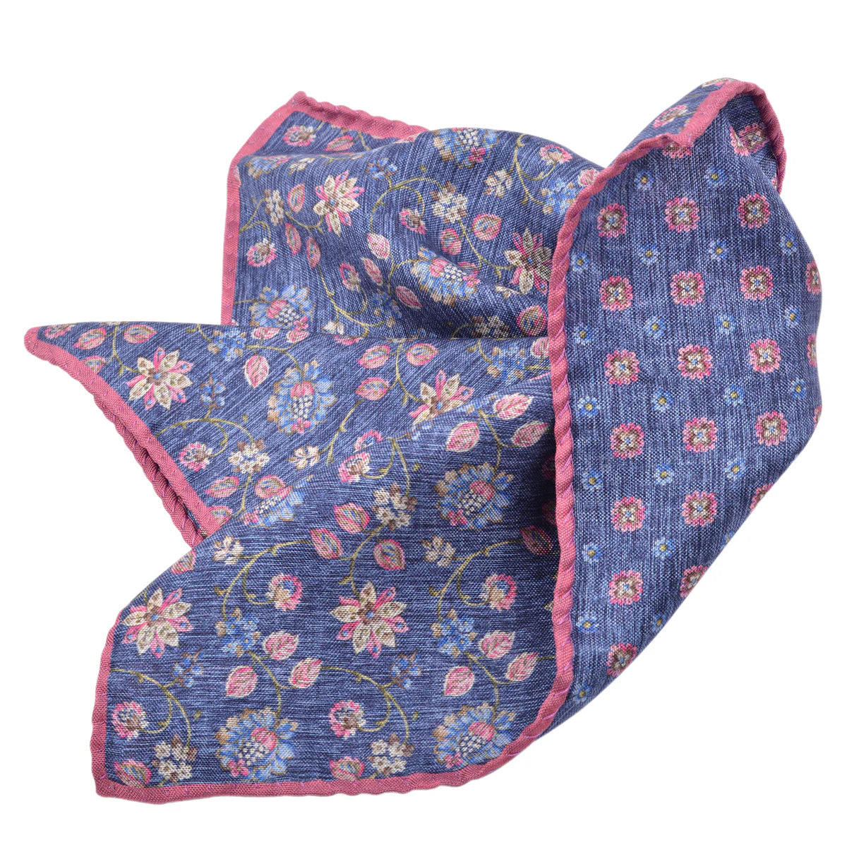 Blue & Pink Floral Reversible Silk Pocket Square - DION - Boutique Jacques International