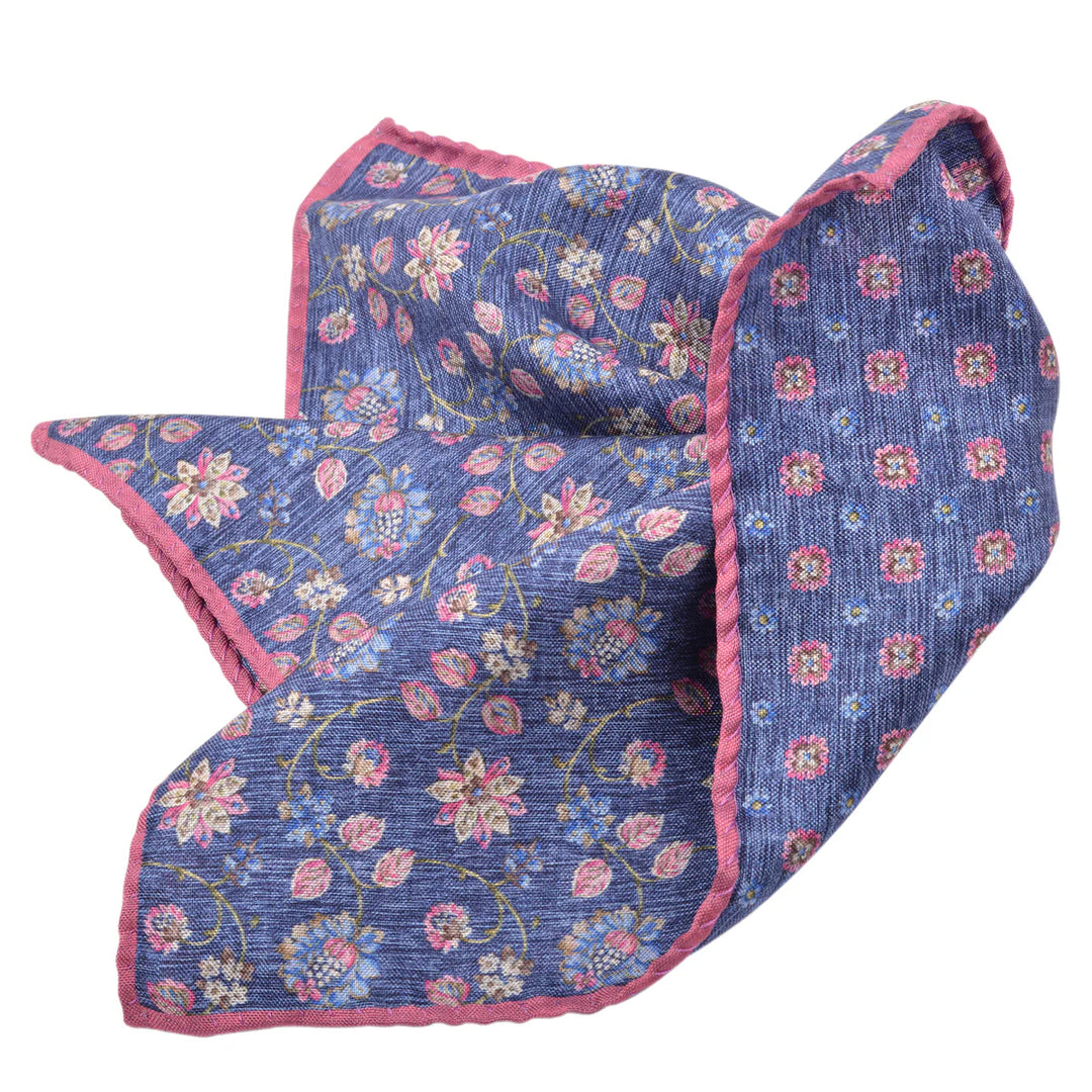 Blue & Pink Floral Reversible Silk Pocket Square - DION - Boutique Jacques International
